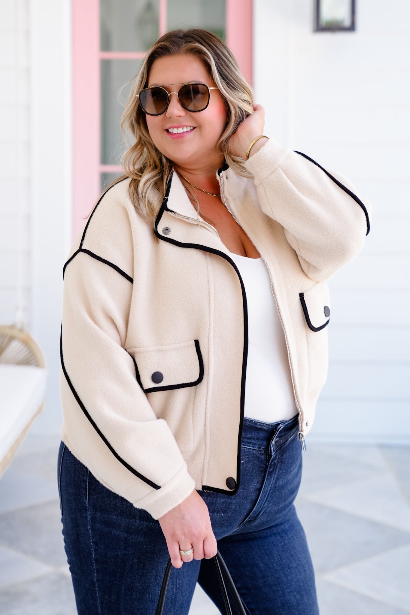 Super Soft Long Sleeve Zip-Up Jacket with Trim Detail