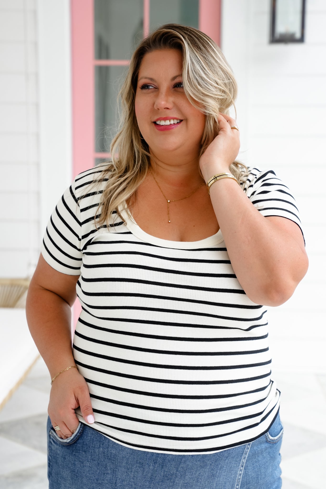 Plus/Reg Stripe Short Sleeve Scoop Neck Knit Top