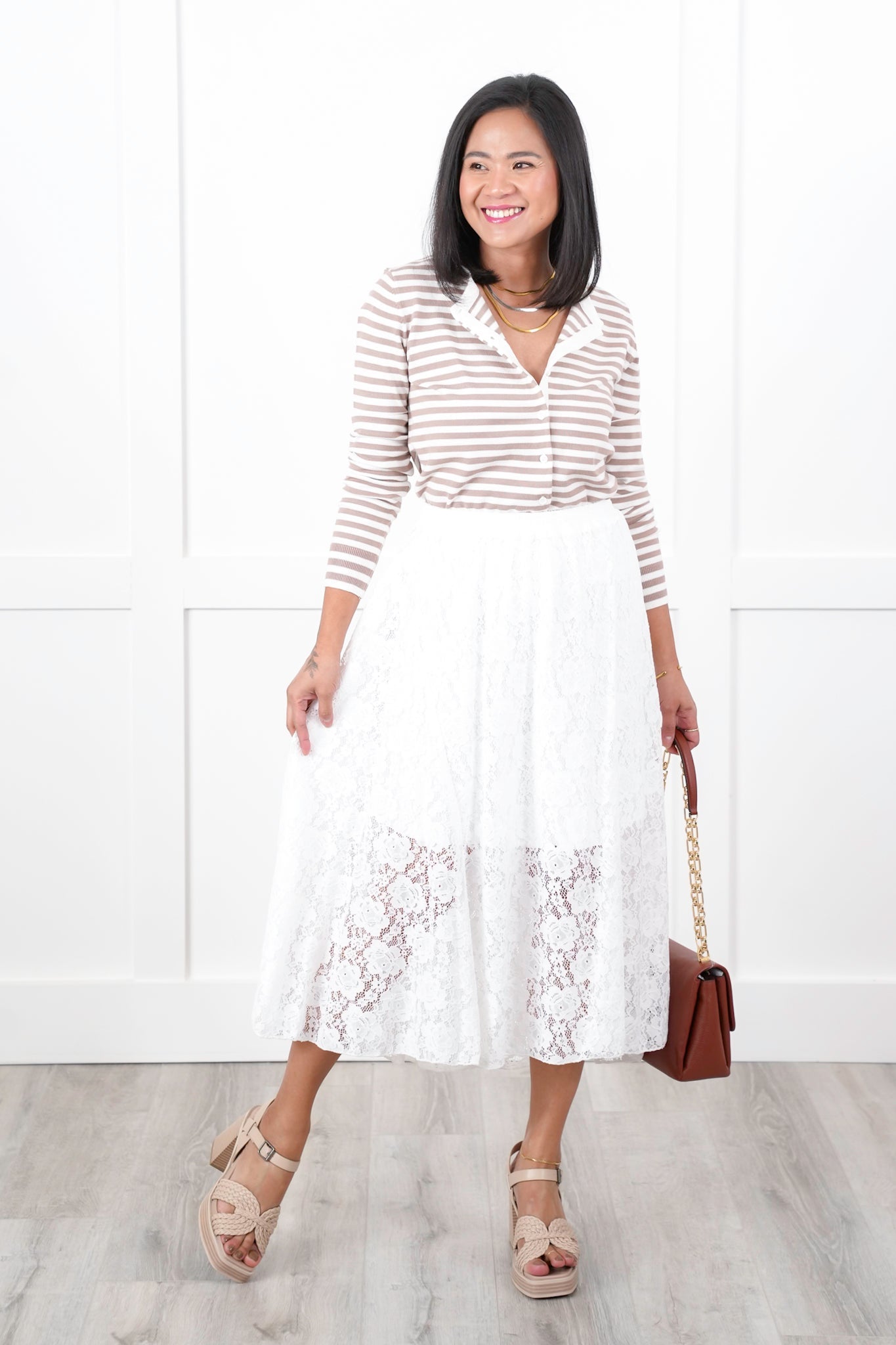 Floral Lace Elastic Waist Midi Skirt