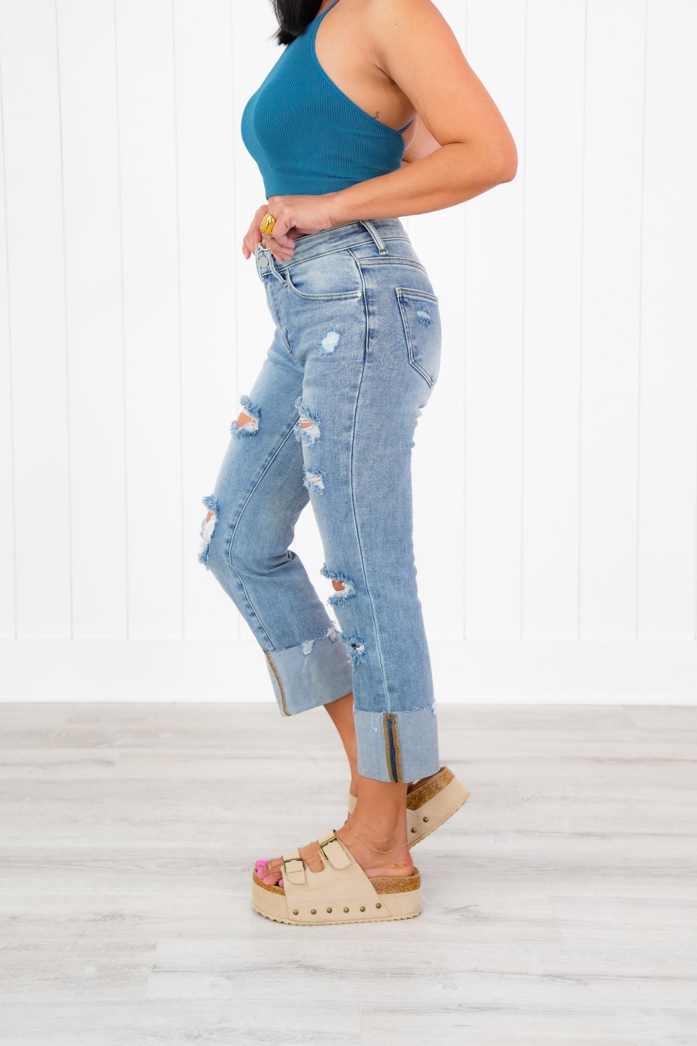 Risen Light Wash Distressed Mid Rise Capris with Cuff