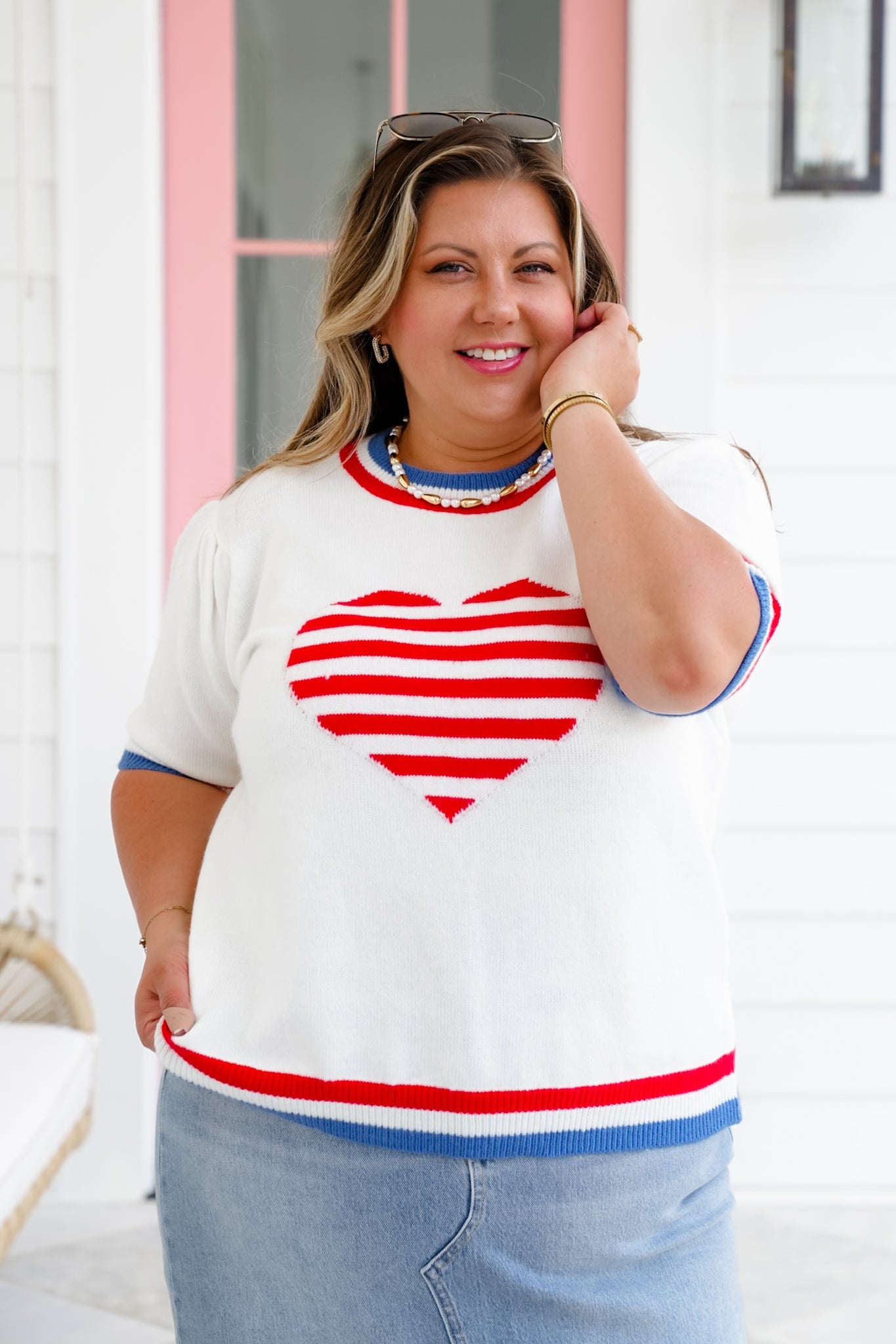 Restock! American Flag Stripe Heart Short Sleeve Pullover Sweater
