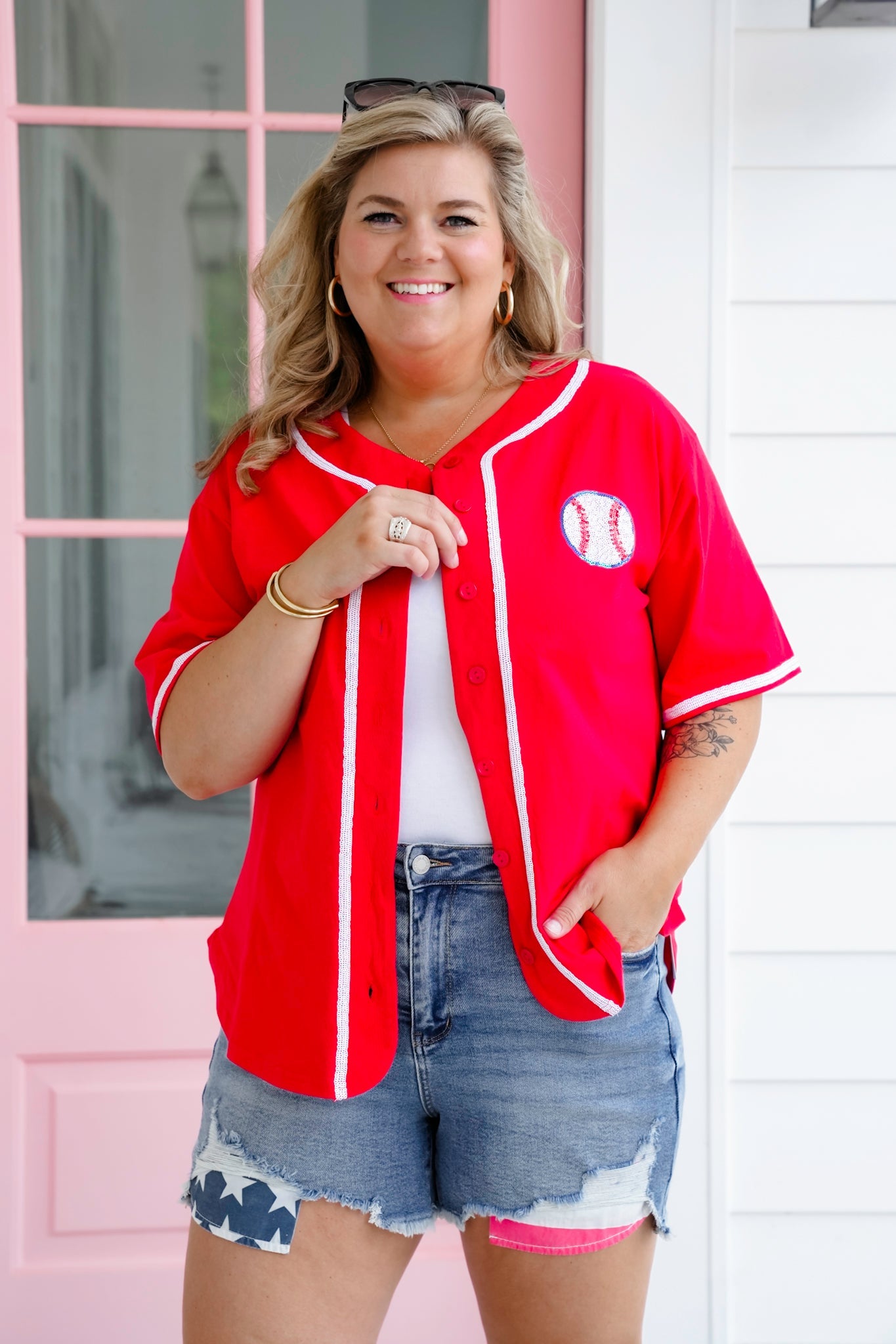 Red Short Sleeve Button Down Baseball Top with Sequin Detail