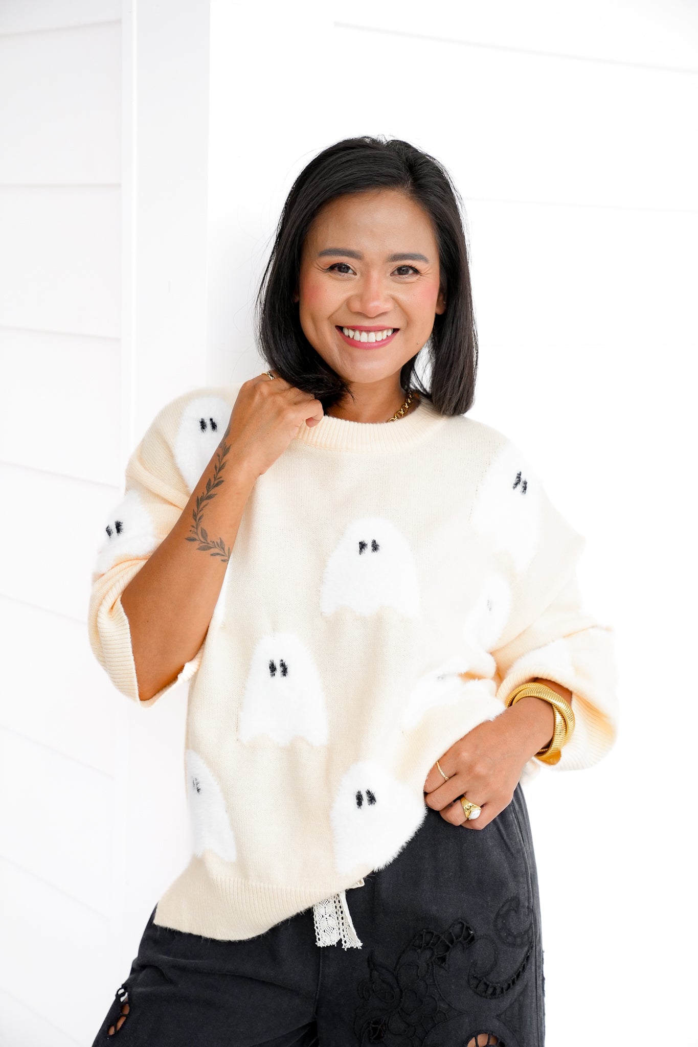 Long Sleeve Crew Neck Halloween Ghost Sweater