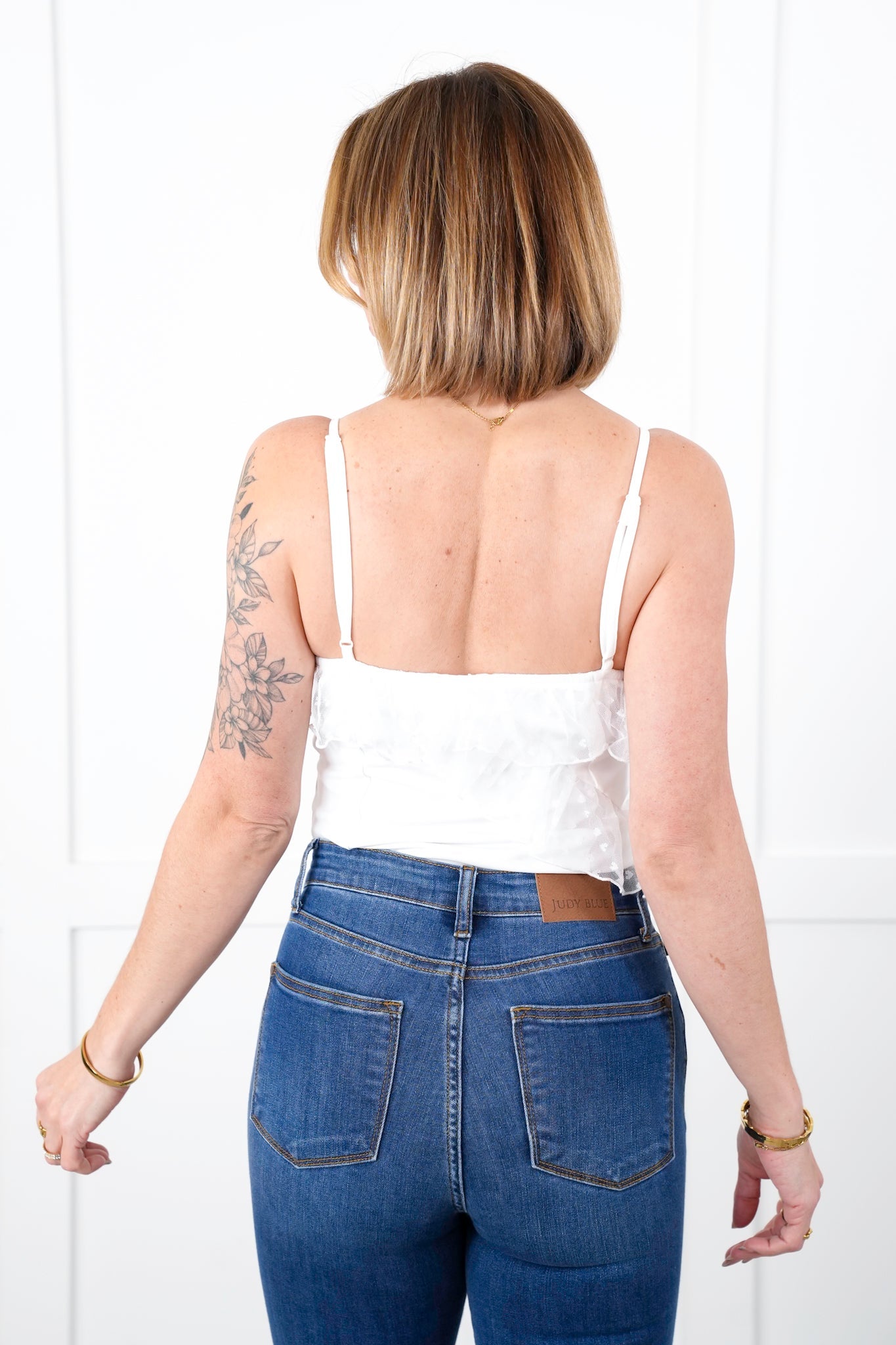 Plus/Reg White Sleeveless Bodysuit with Heart Mesh Ruffle Detail