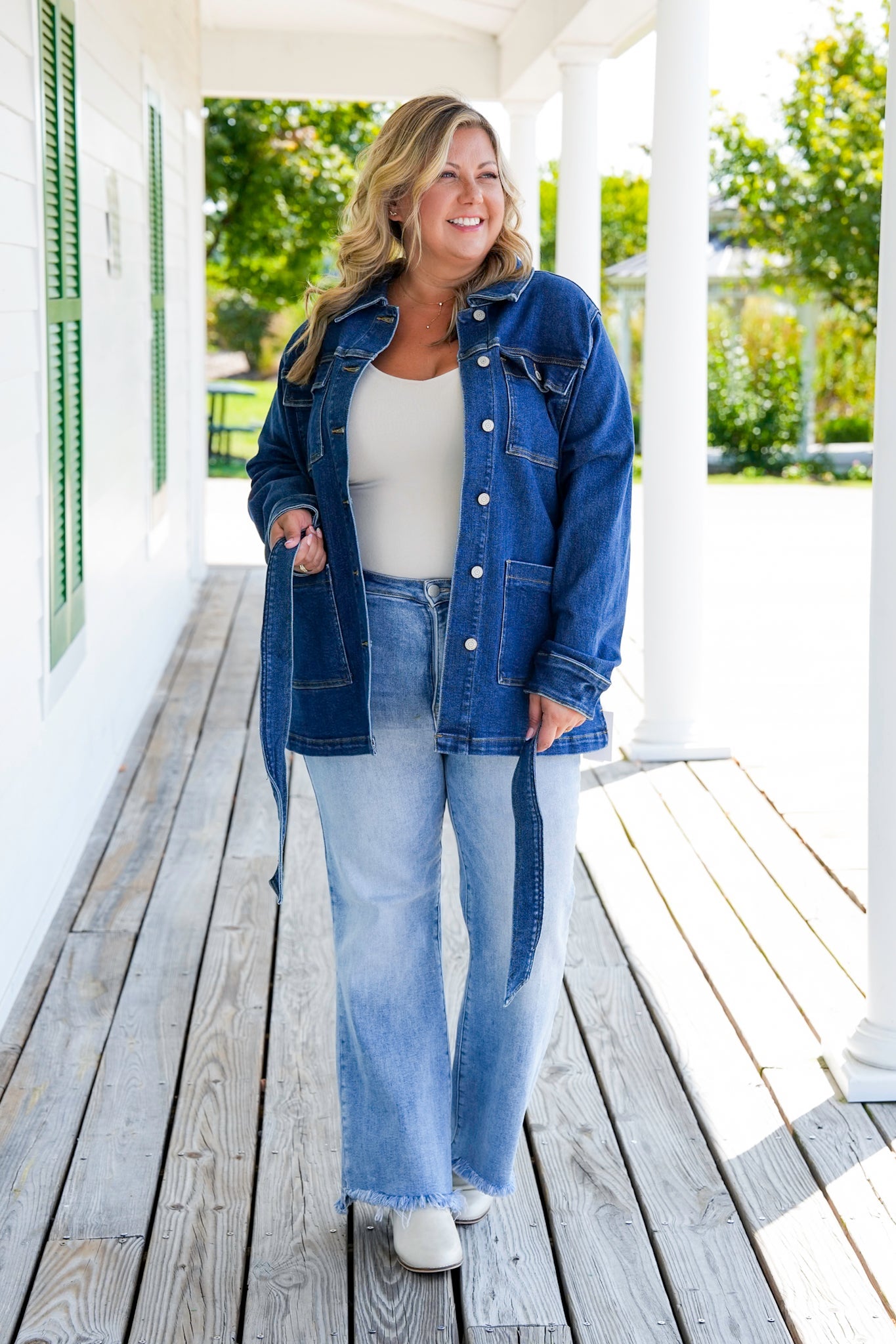 Plus/Reg Judy Blue Dark Denim Button Down Mid Length Utility Jacket