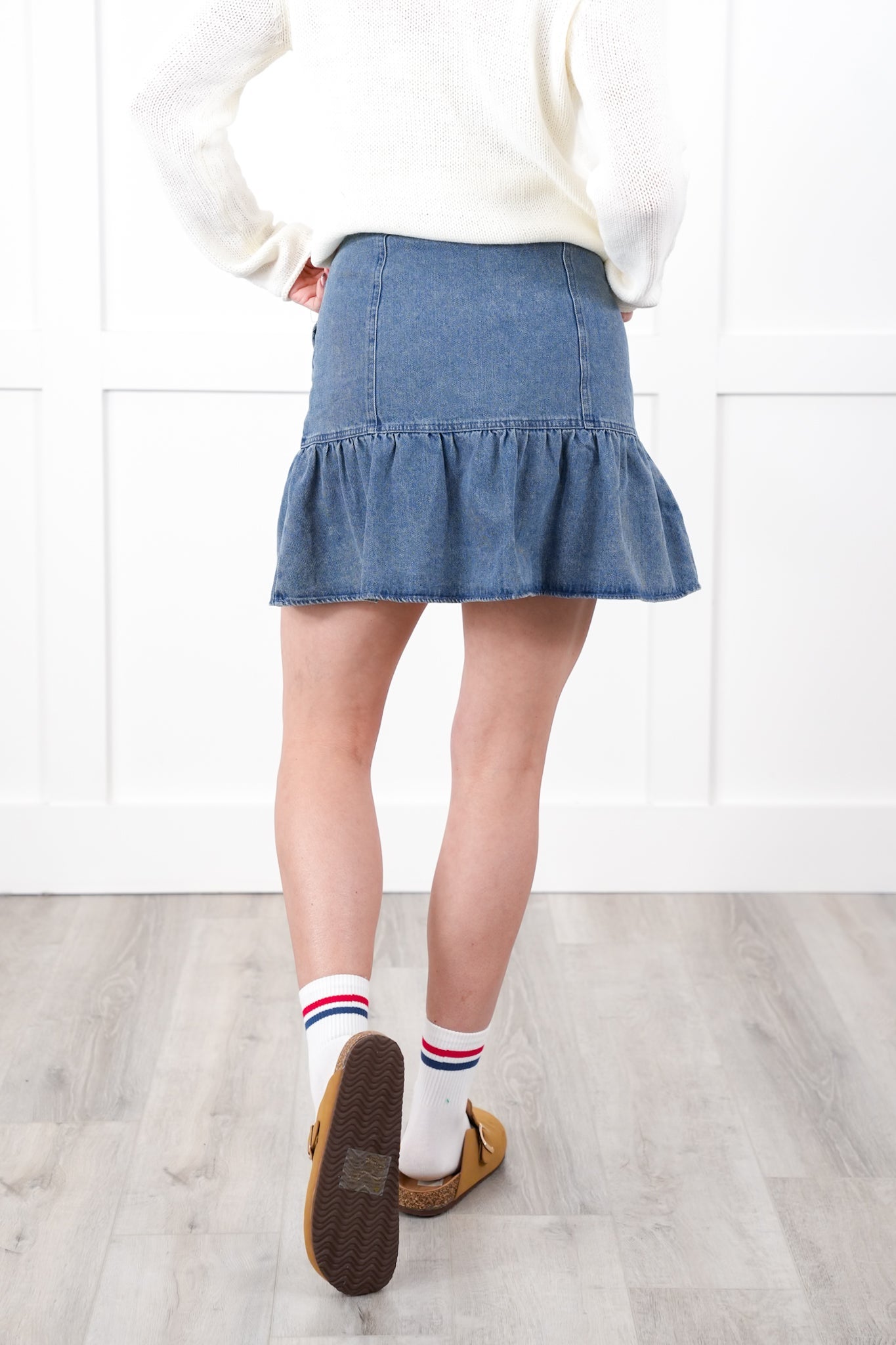 Denim Ruffle Skirt with Side Zipper