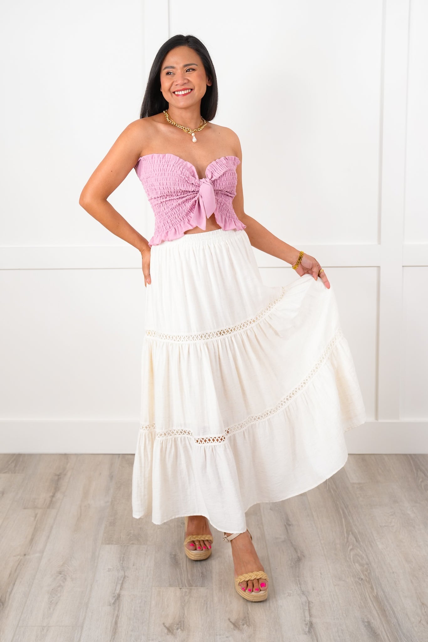 Linen Blend Elastic Waist Midi Skirt with Crochet Detail
