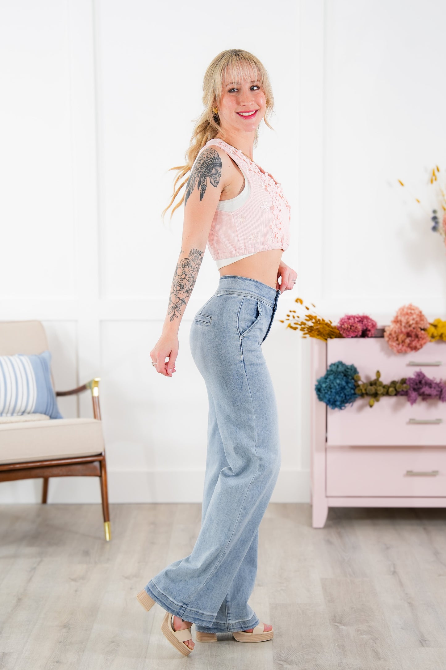 Risen High Rise Light Wash Wide Leg Flare Jeans