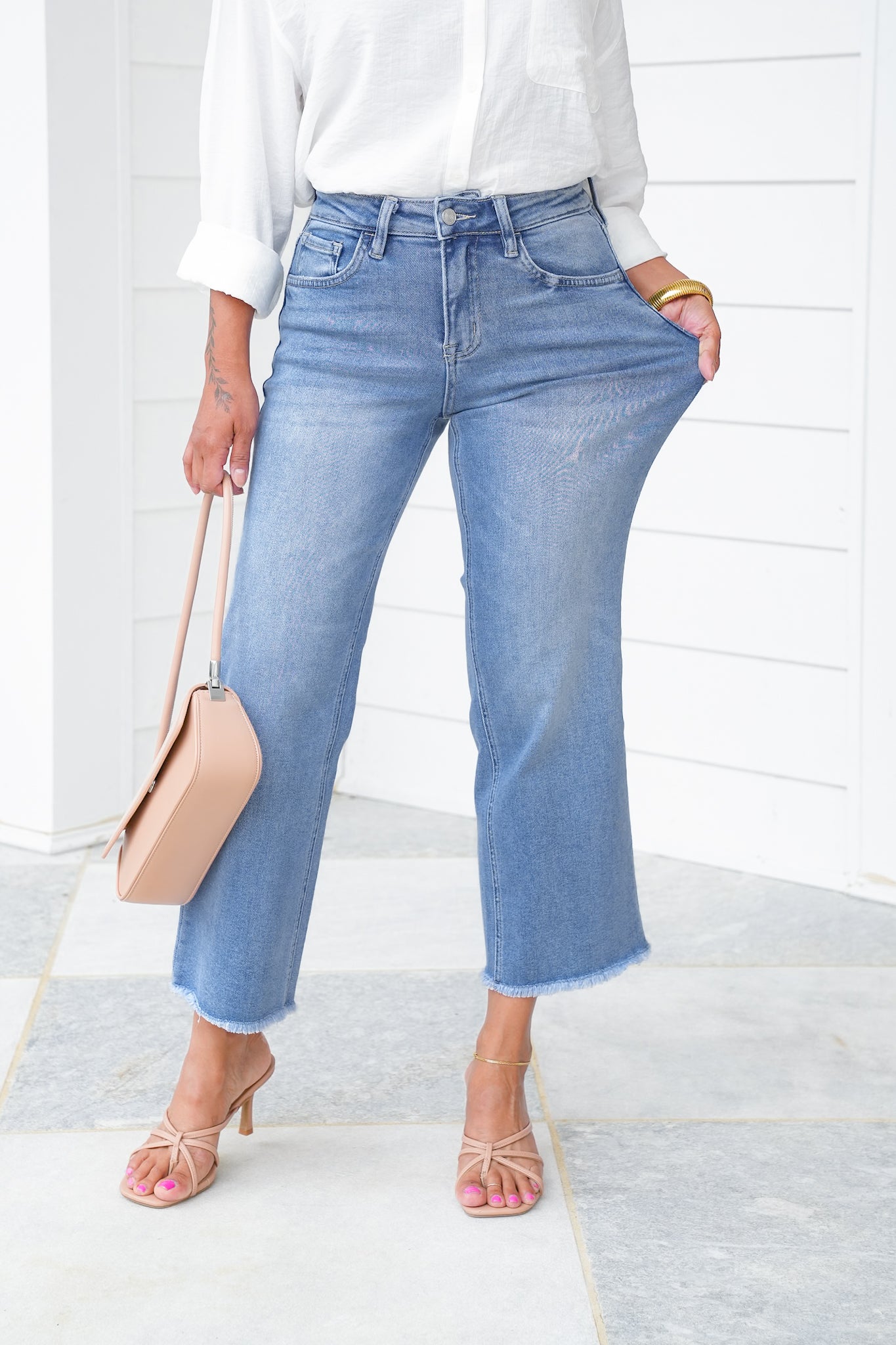 Lovervet High Rise Medium Wash Cropped Slim Wide Leg Jeans