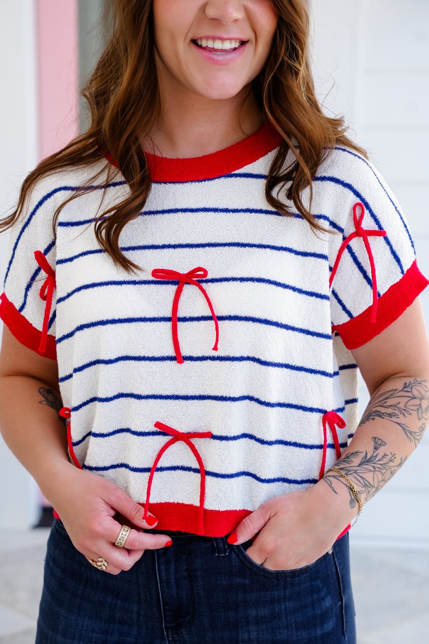 Stripe Short Sleeve Sweater with Bow Detail