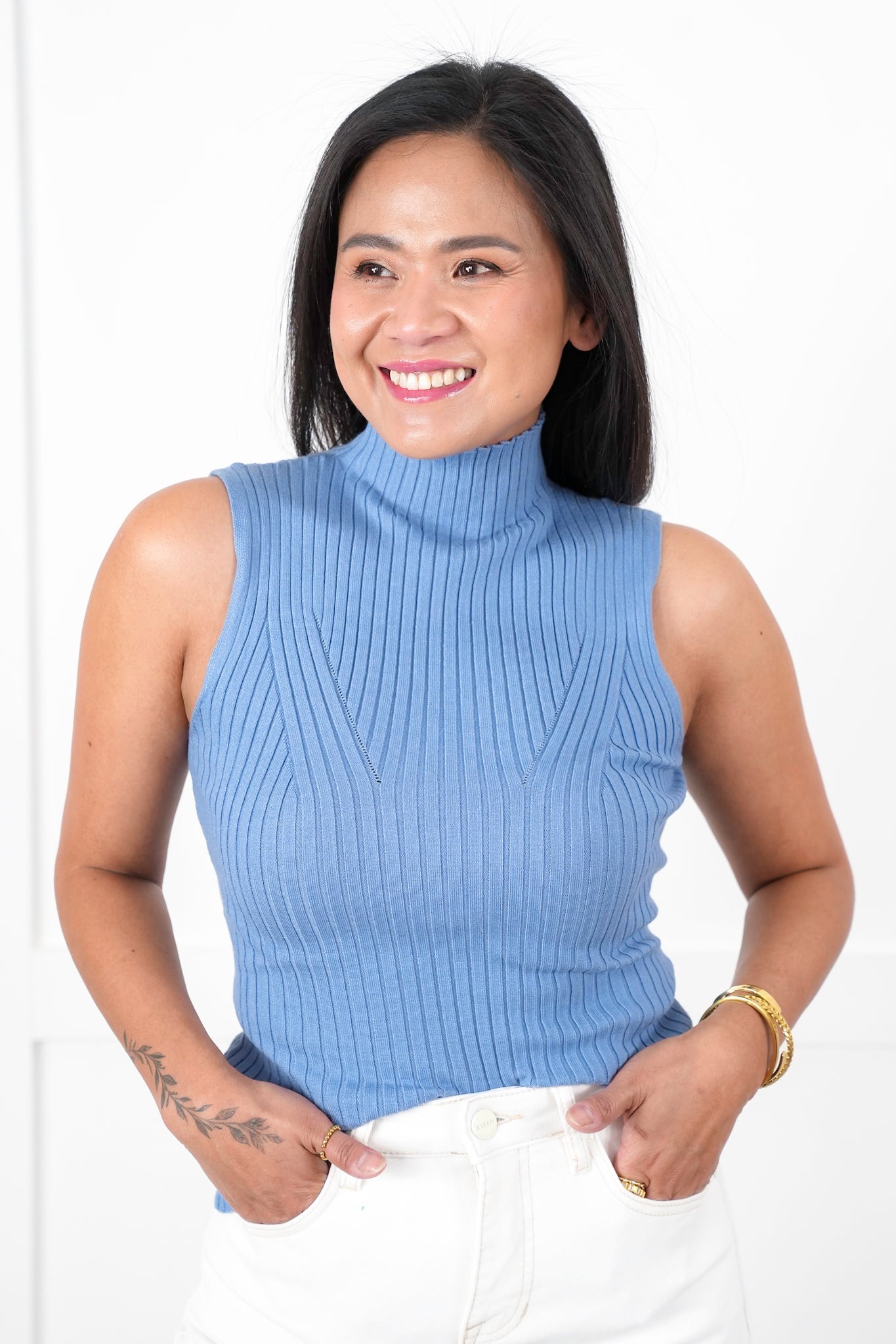 Ribbed Sleeveless Mock Neck Knit Top