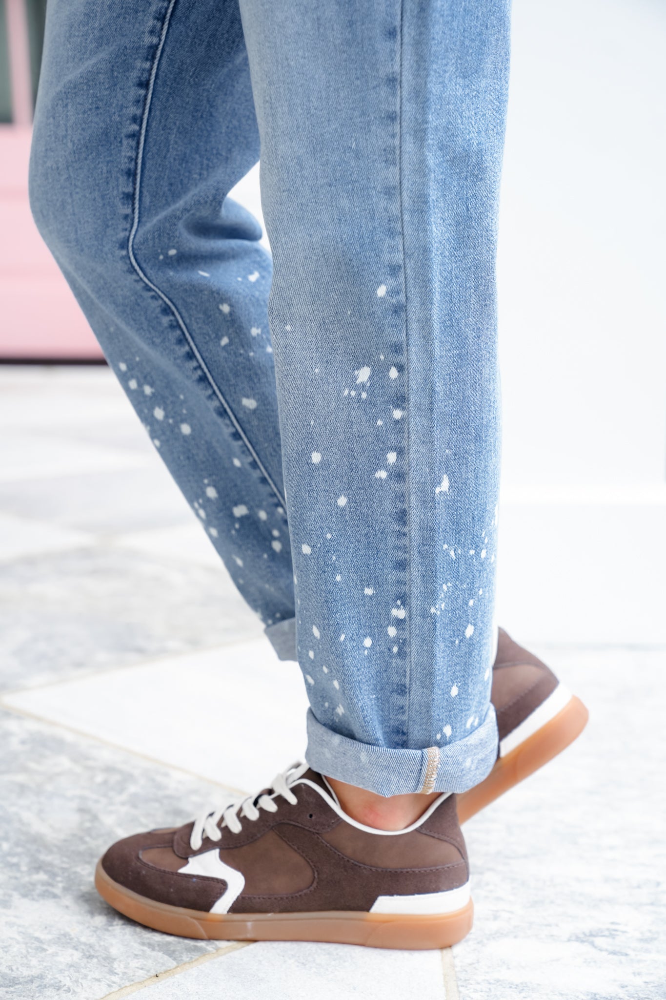 Judy Blue Mid Rise Medium Wash Distressed Bleach Splatter Cuffed Boyfriend Jeans