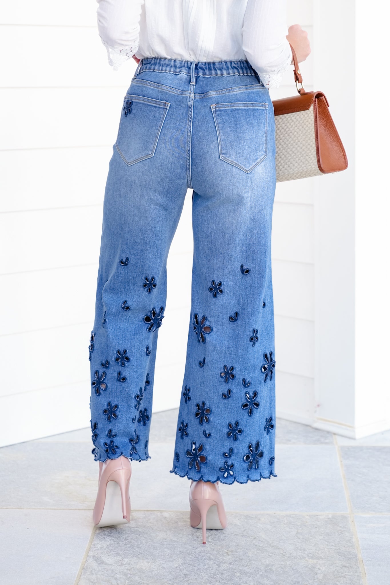 The Bluebelle Wide Leg Relax Fit Jeans with Floral Cutout
