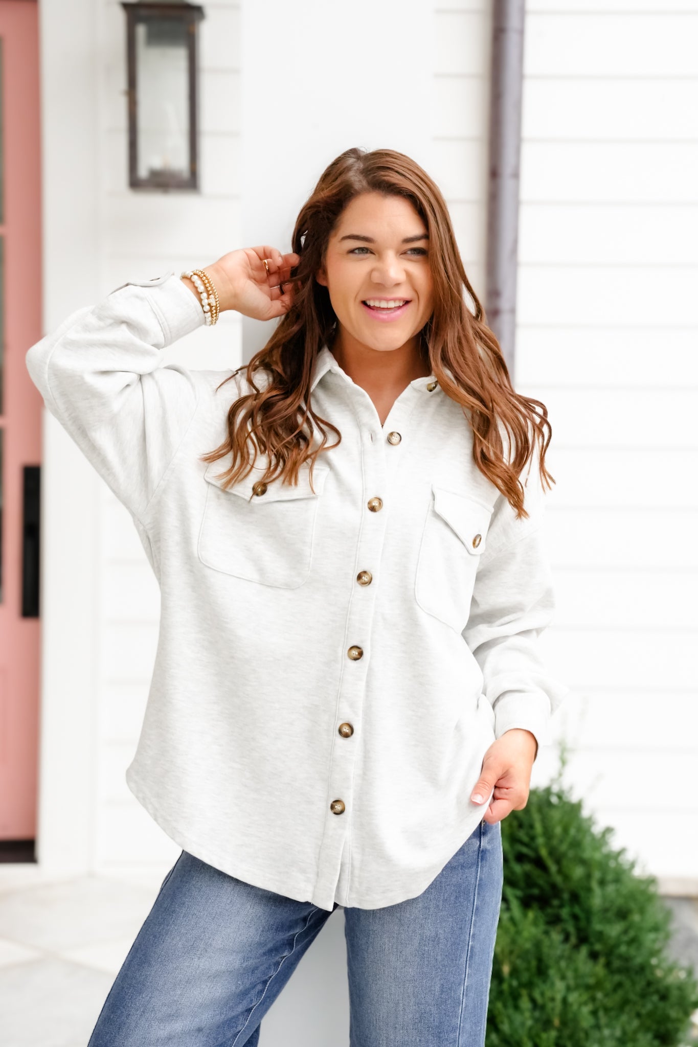 Plus/Reg Long Sleeve Button Down Knit Shacket