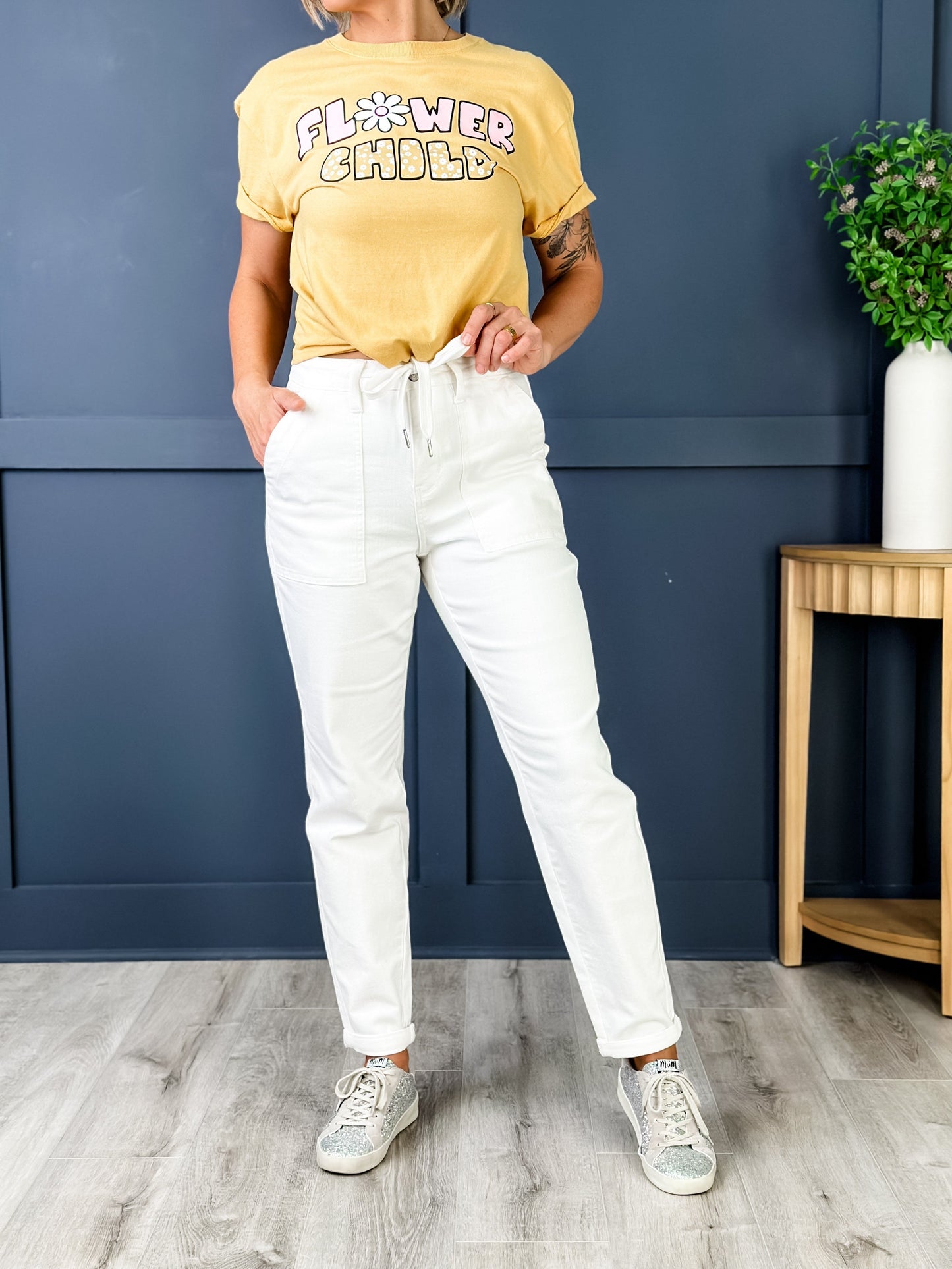 Judy Blue WHITE Airplane Mode High Rise White Cuffed Jogger