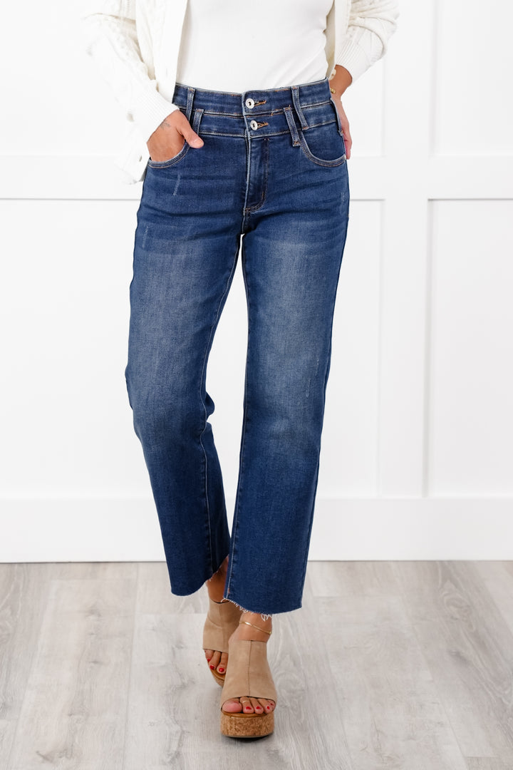 Special A High Rise Dark Wash Dad Jeans with Double Waist Detail