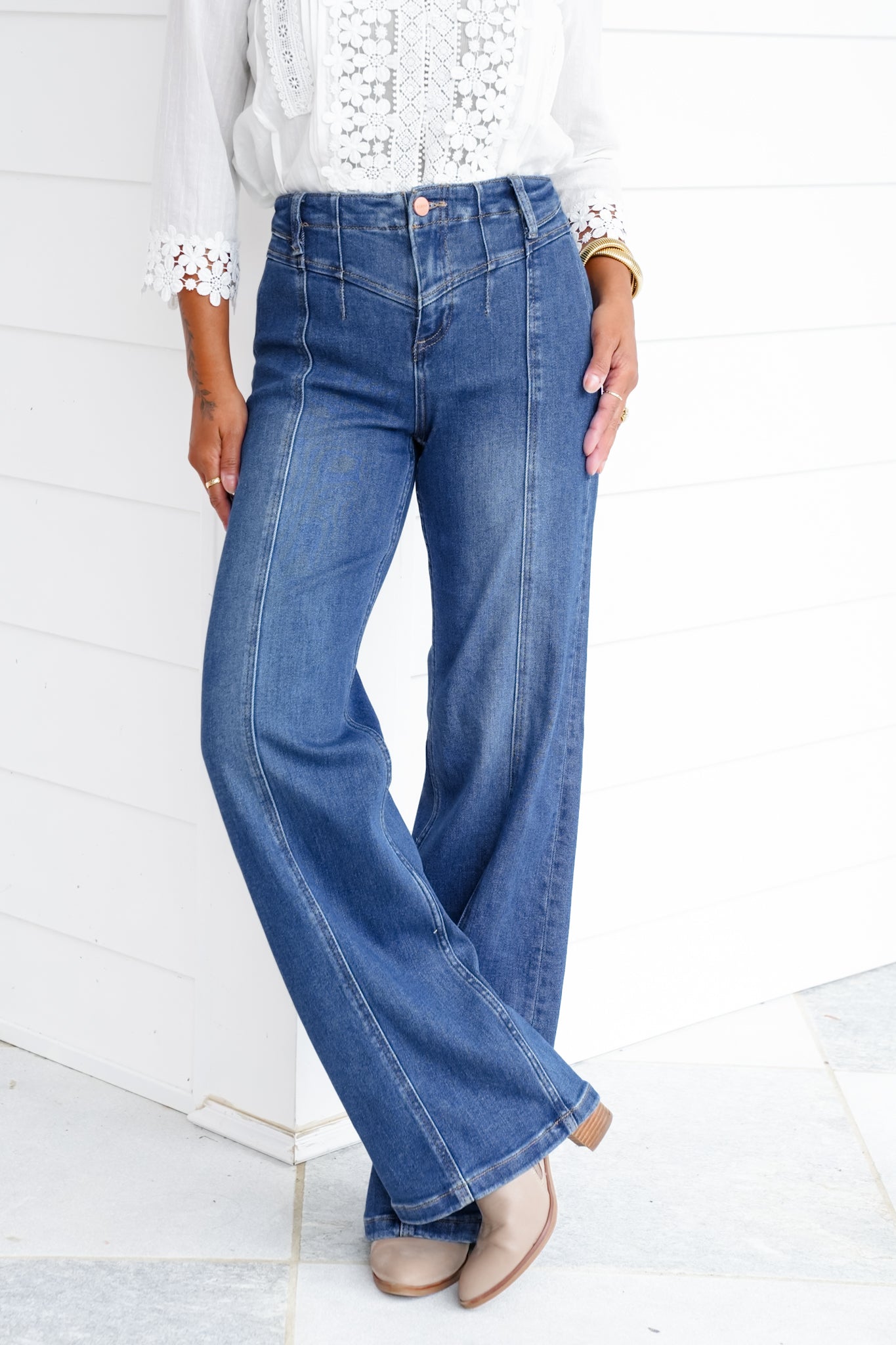 Risen High Rise Dark Wash Wide Leg Jeans with Front Yoke Detail