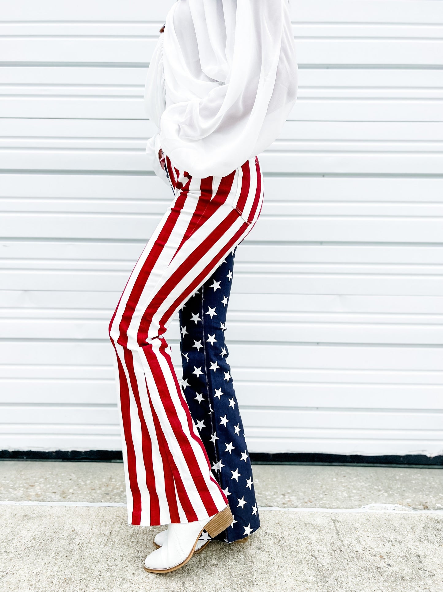 Judy Blue High Rise Stars and Stripes Print Raw Hem Flare Jeans