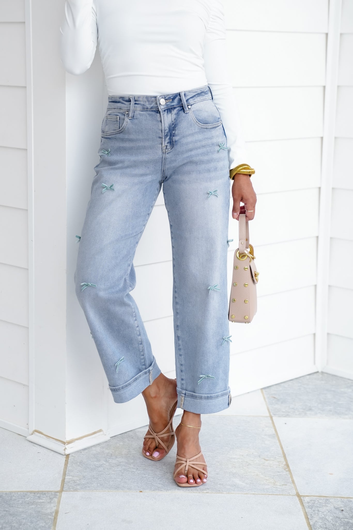 Risen High Rise Light Wash Crop Barrel Jeans with Bow Detail