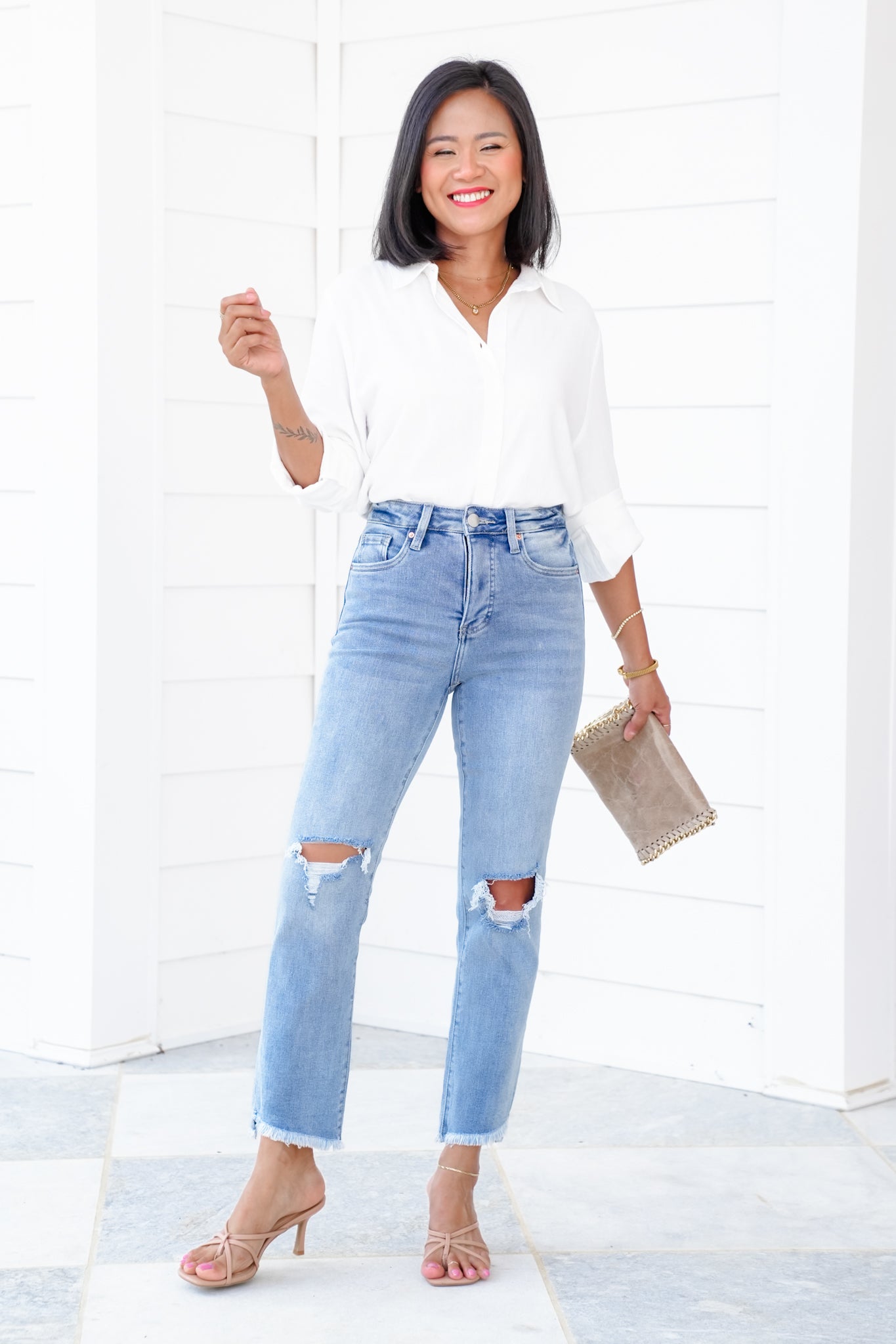 RFM High Rise Light Wash Step Fray Hem Slim Straight Leg Jeans