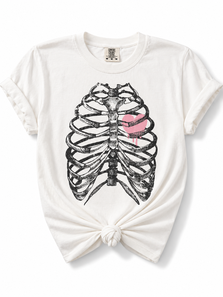 Plus/Reg Short Sleeve Ribcage with Heart Halloween Graphic Tee