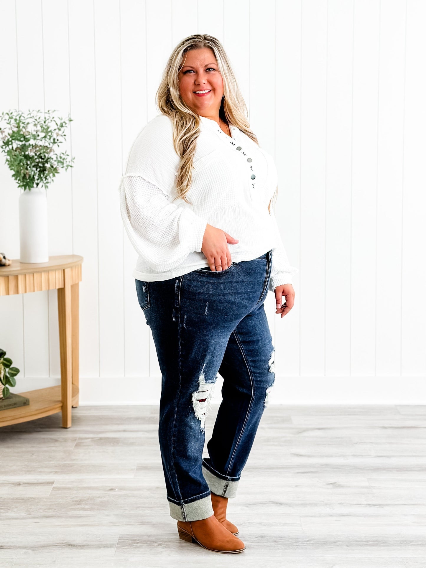 Judy Blue Warm and Cozy Mid Rise Dark Wash Boyfriend Buffalo Plaid Knee Destroy Patches With Cuff Jeans