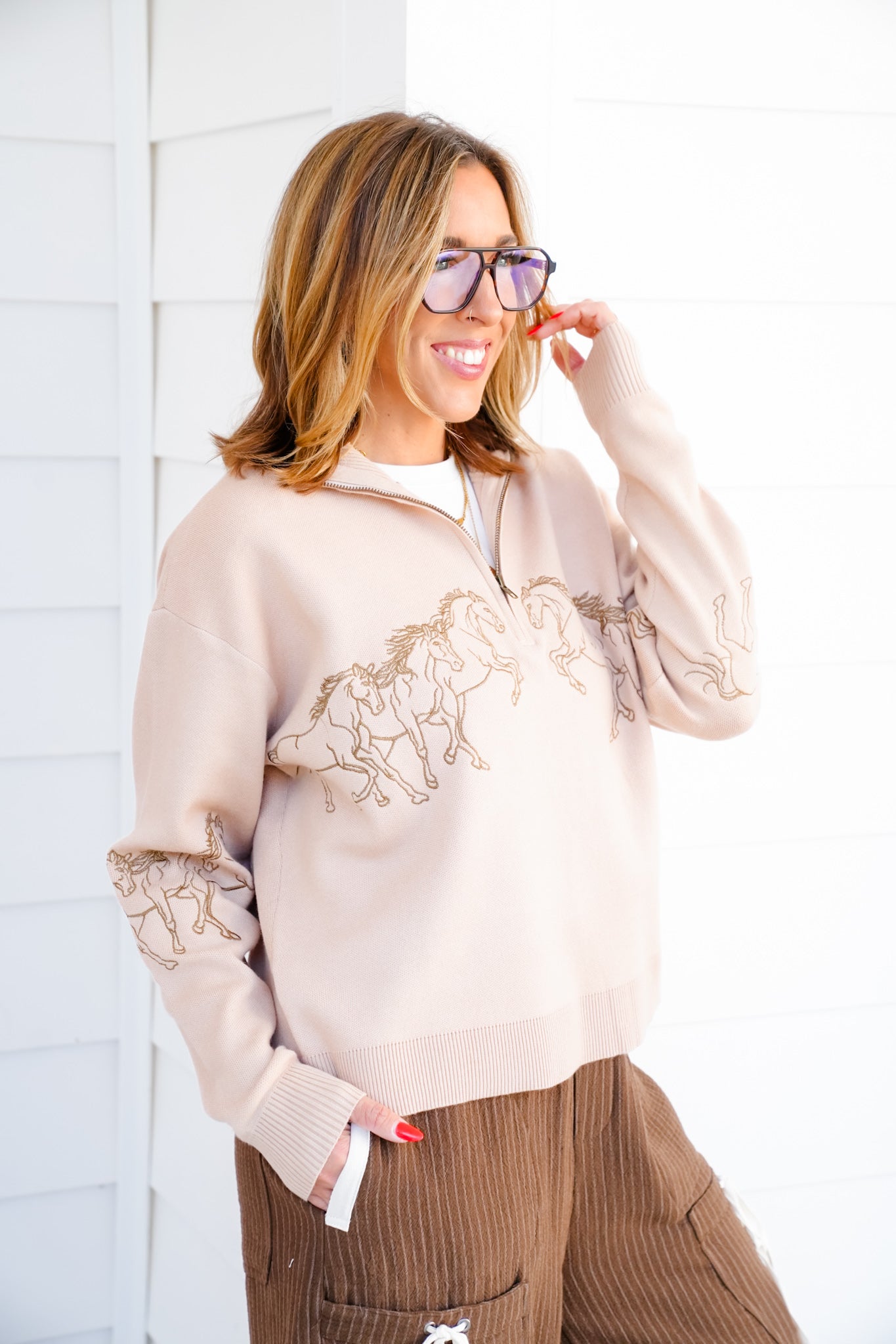 Embroidered Horses Long Sleeve Half-Zip Pullover Sweater