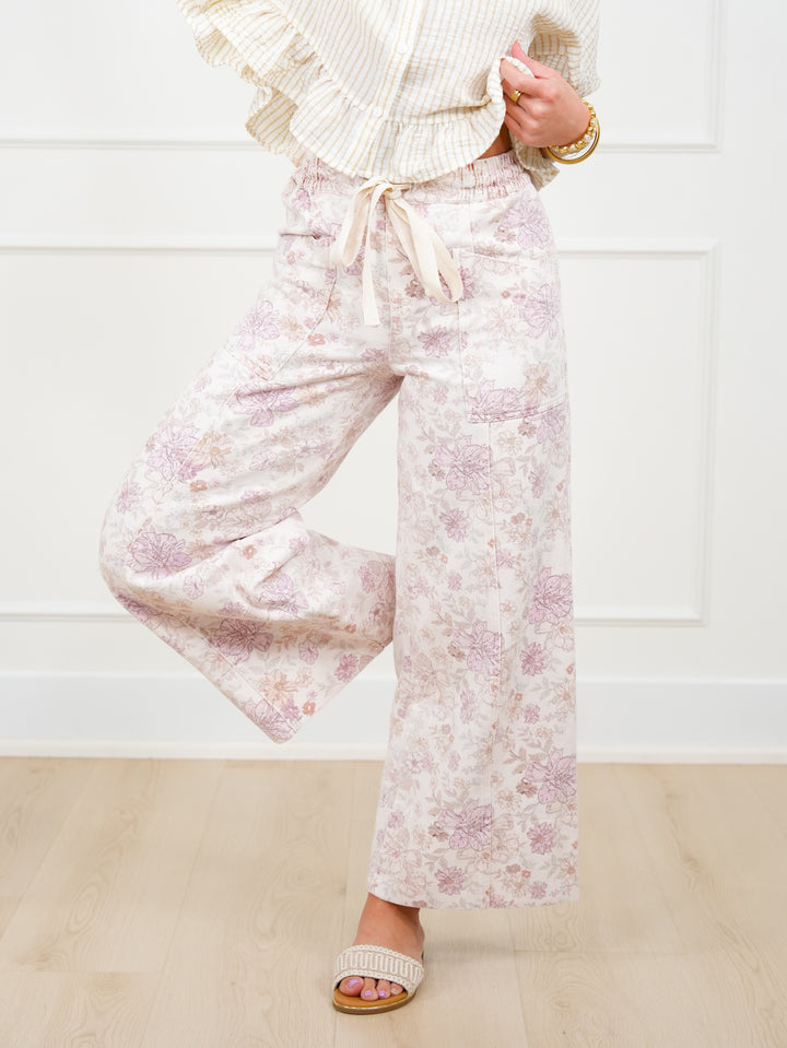 Floral Print Elastic Waist Twill Wide Leg Pants