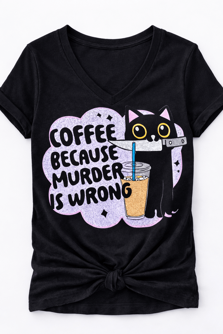 Plus/Reg Short Sleeve V Neck "Coffee Because Murder Is Wrong" Graphic Tee - Freckled Poppy