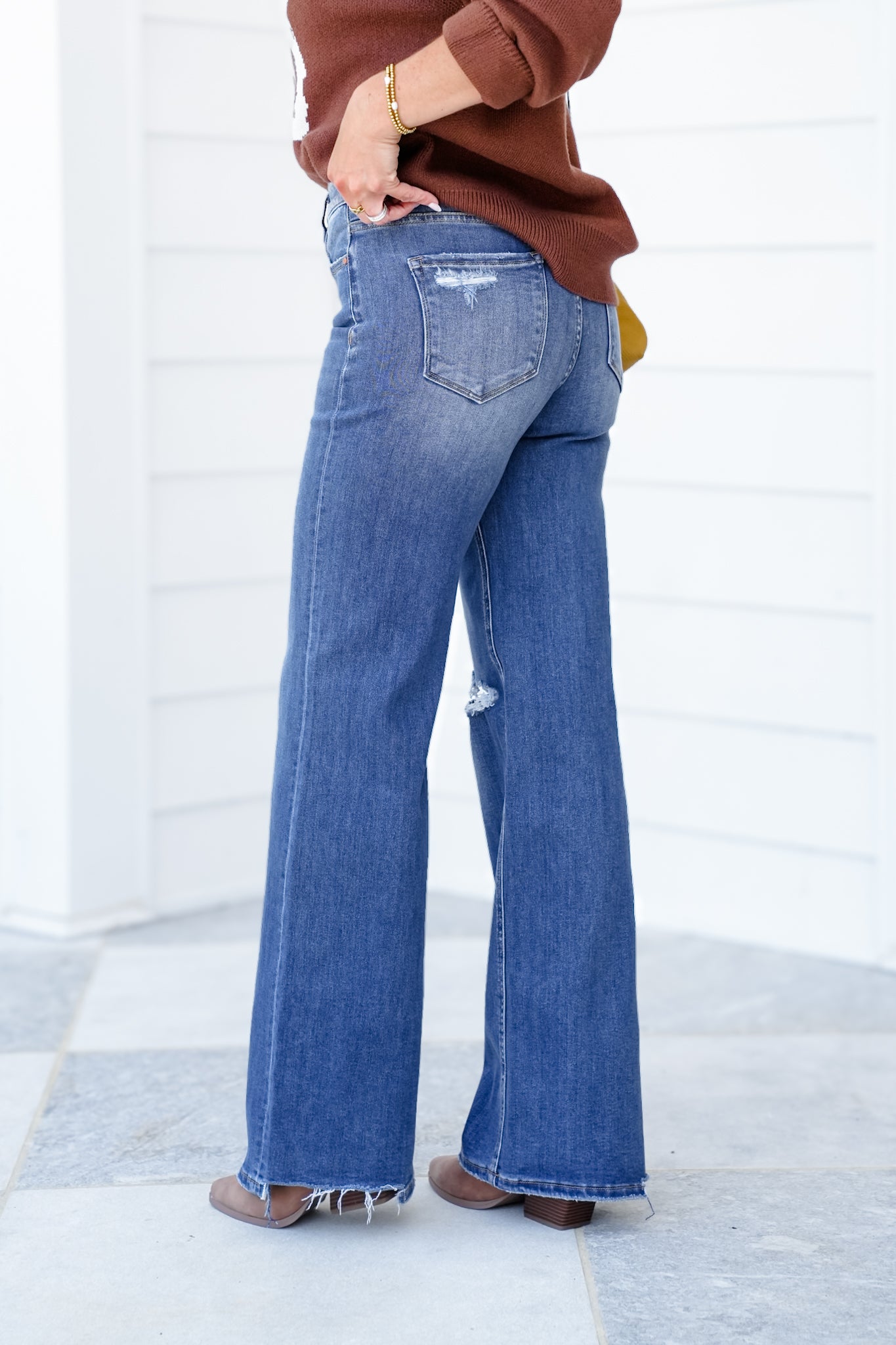Risen High Rise Dark Wash Tummy Control Distressed Knee Wide Leg Jeans