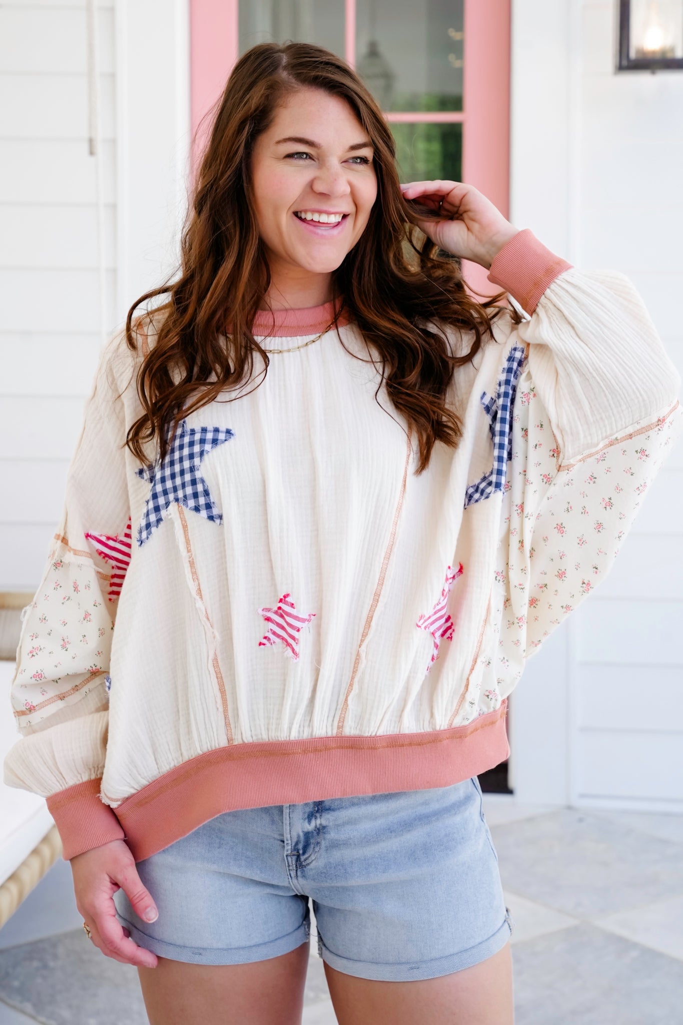 Long Dolman Sleeve Gauze Top with Star Patch Details