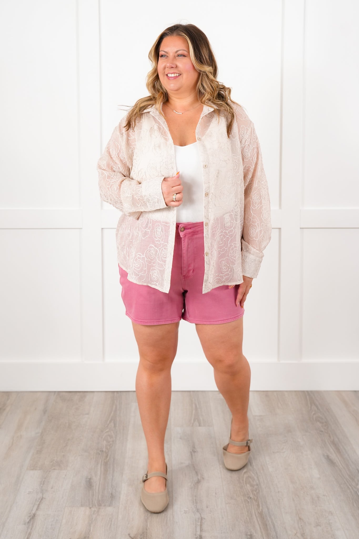 Plus/Reg Shimmering Sheer Floral Long Sleeve Button Up Top