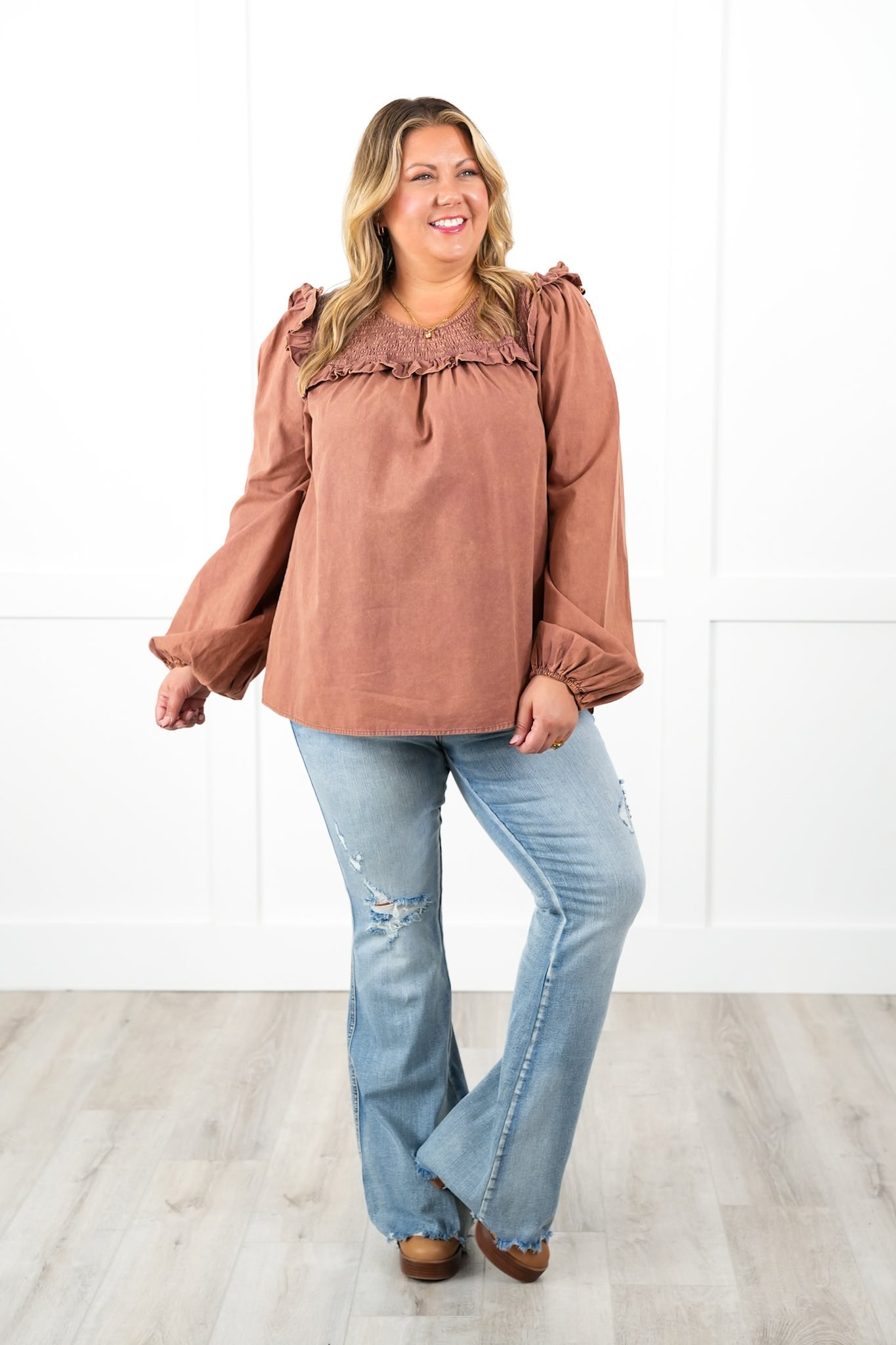 Plus/Reg Mineral Wash Long Sleeve Smocked Neck Top