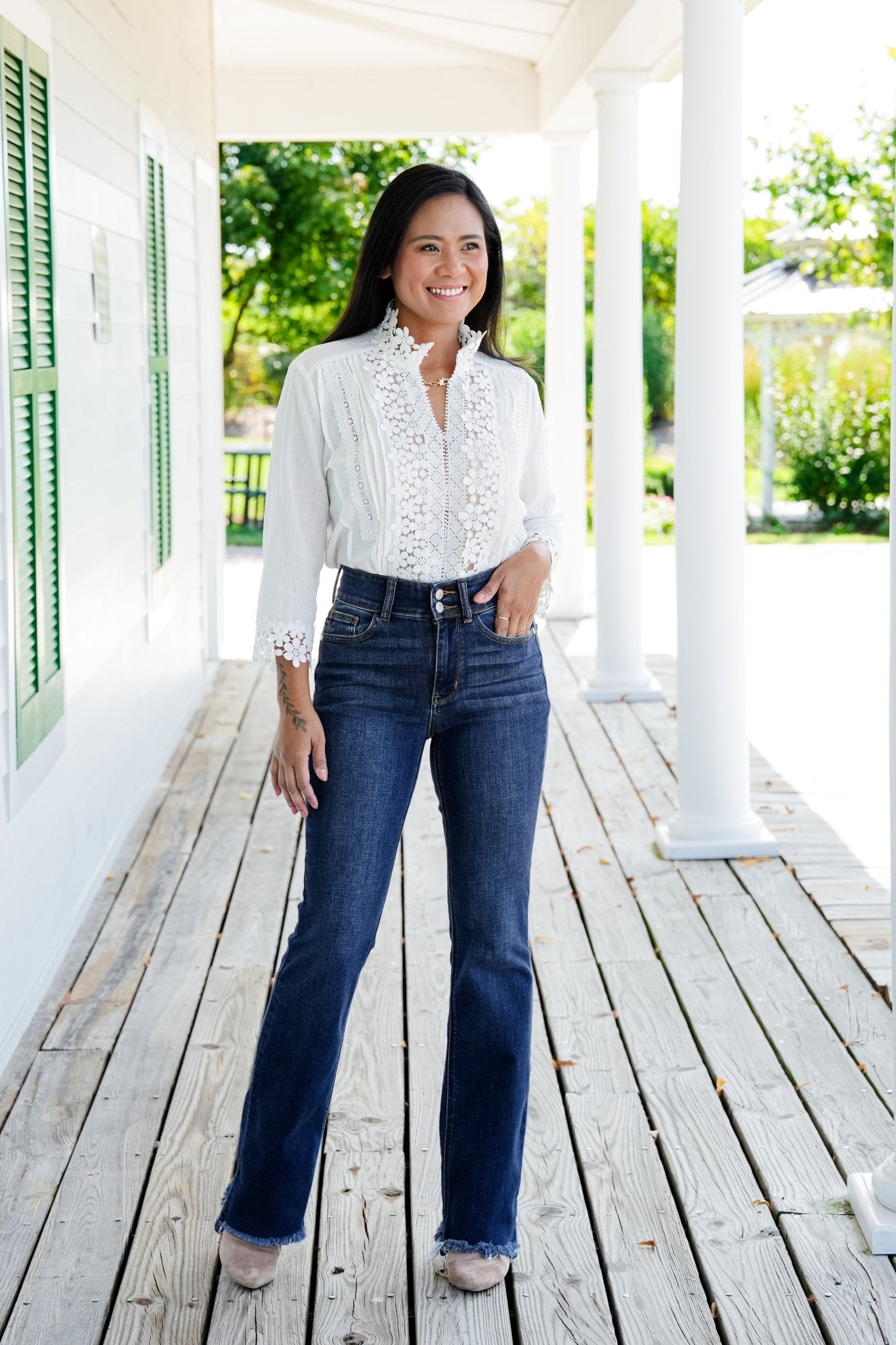 Restock! Judy Blue Feeling Fine Dark Wash High Rise Non Distressed Vintage Frayed Hem Bootcut Jeans - Freckled Poppy