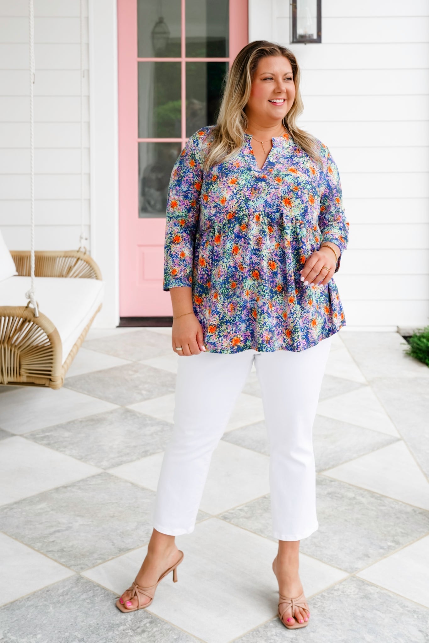 Plus/Reg Multi Color Print 3/4 Sleeve V Neck Blouse Top