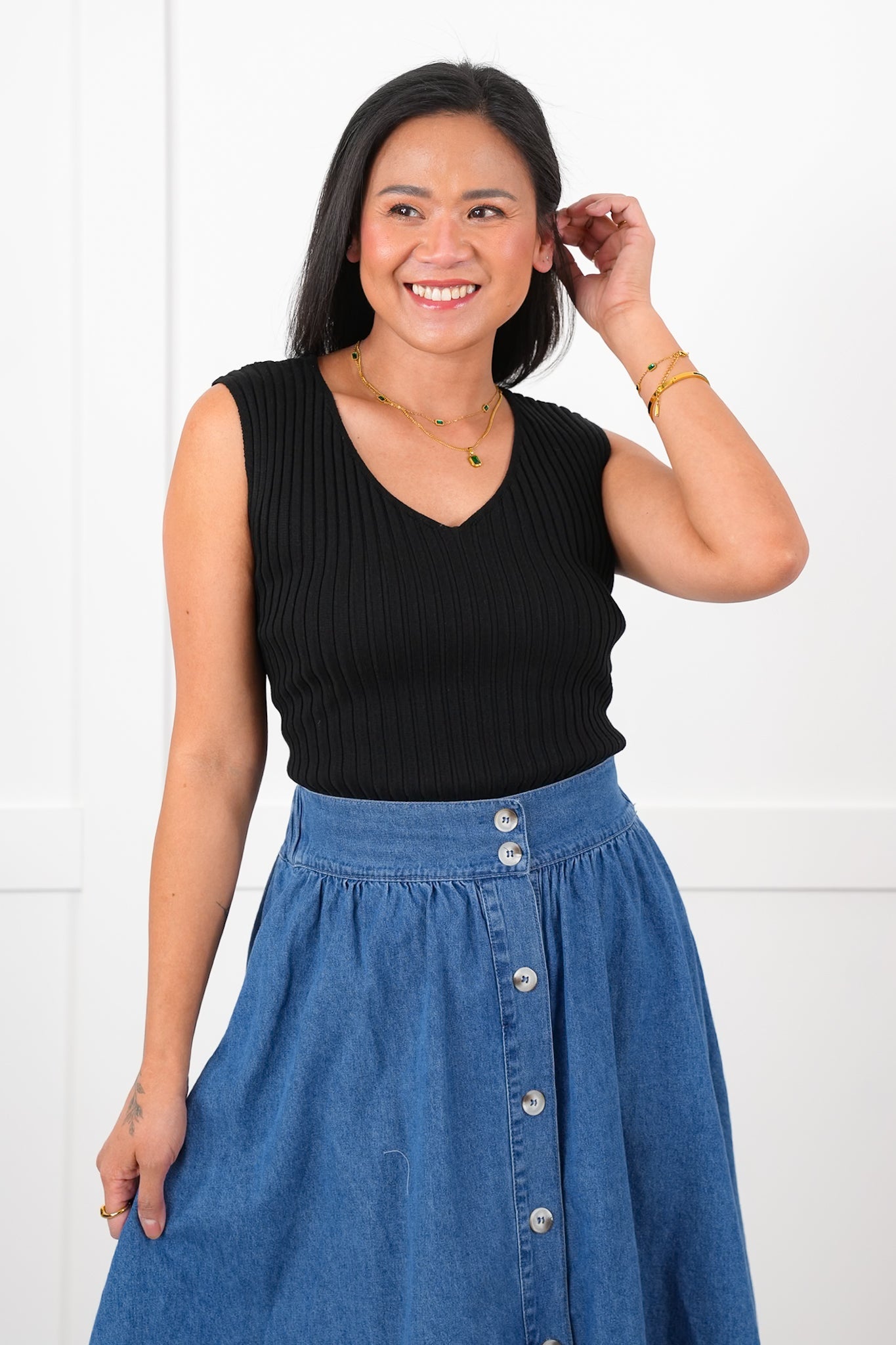 Ribbed Knit Double V Neck tank Top