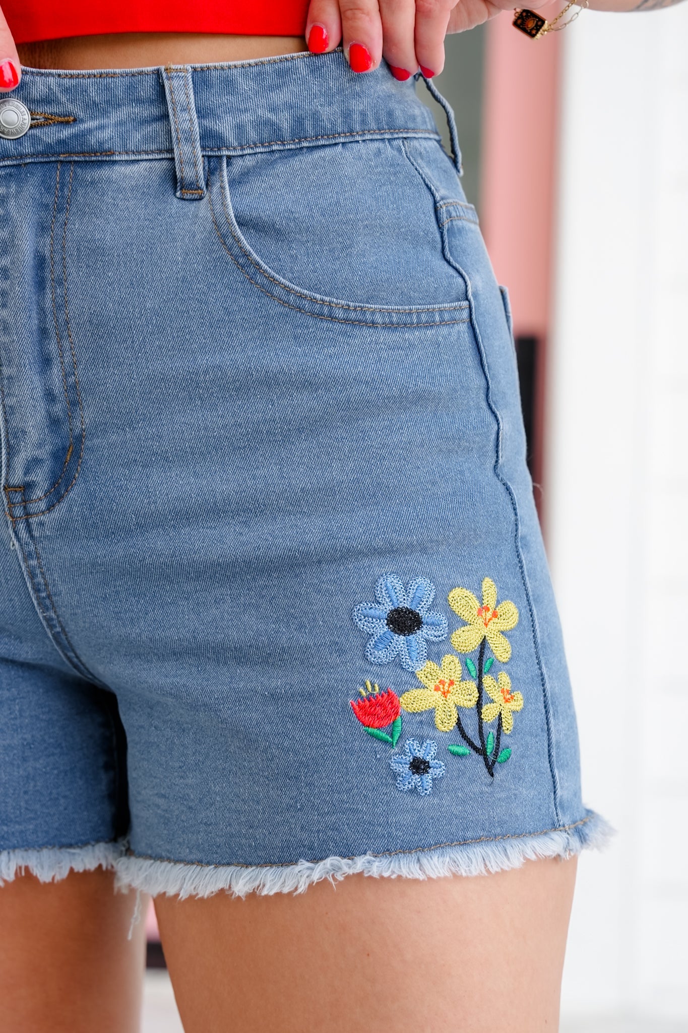 Stretch Denim Shorts with Floral Embroidery Detail