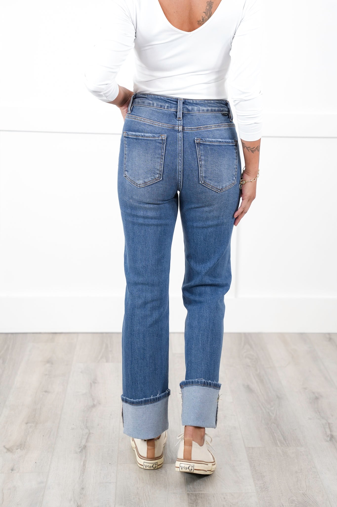 Risen High Rise Medium Wash Wide Leg Straight Cuffed Ankle Jeans