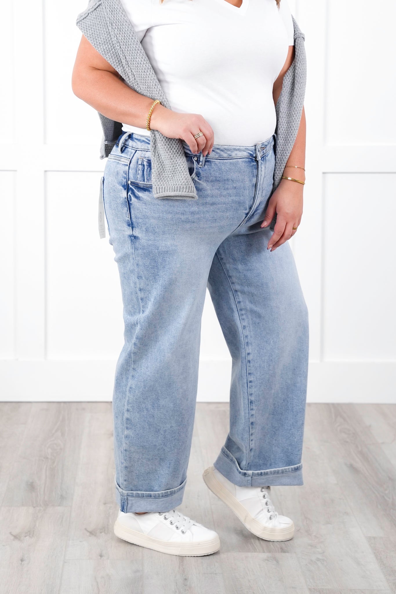 Risen High Rise Light Wash Ankle Barrel Jeans with Cuff