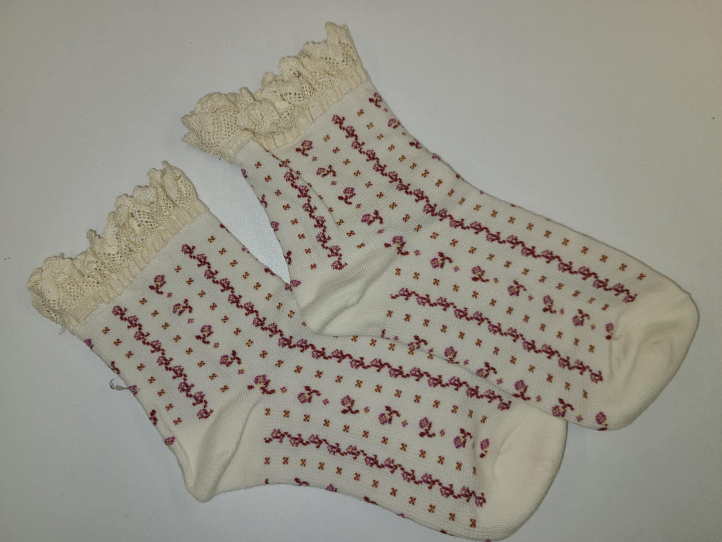 Floral Printed Crew Socks with Lace Trim