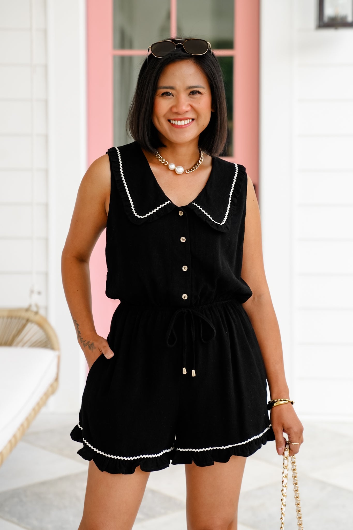 Linen Blend Sleeveless Half Button Up Romper with Peter Pan Collar