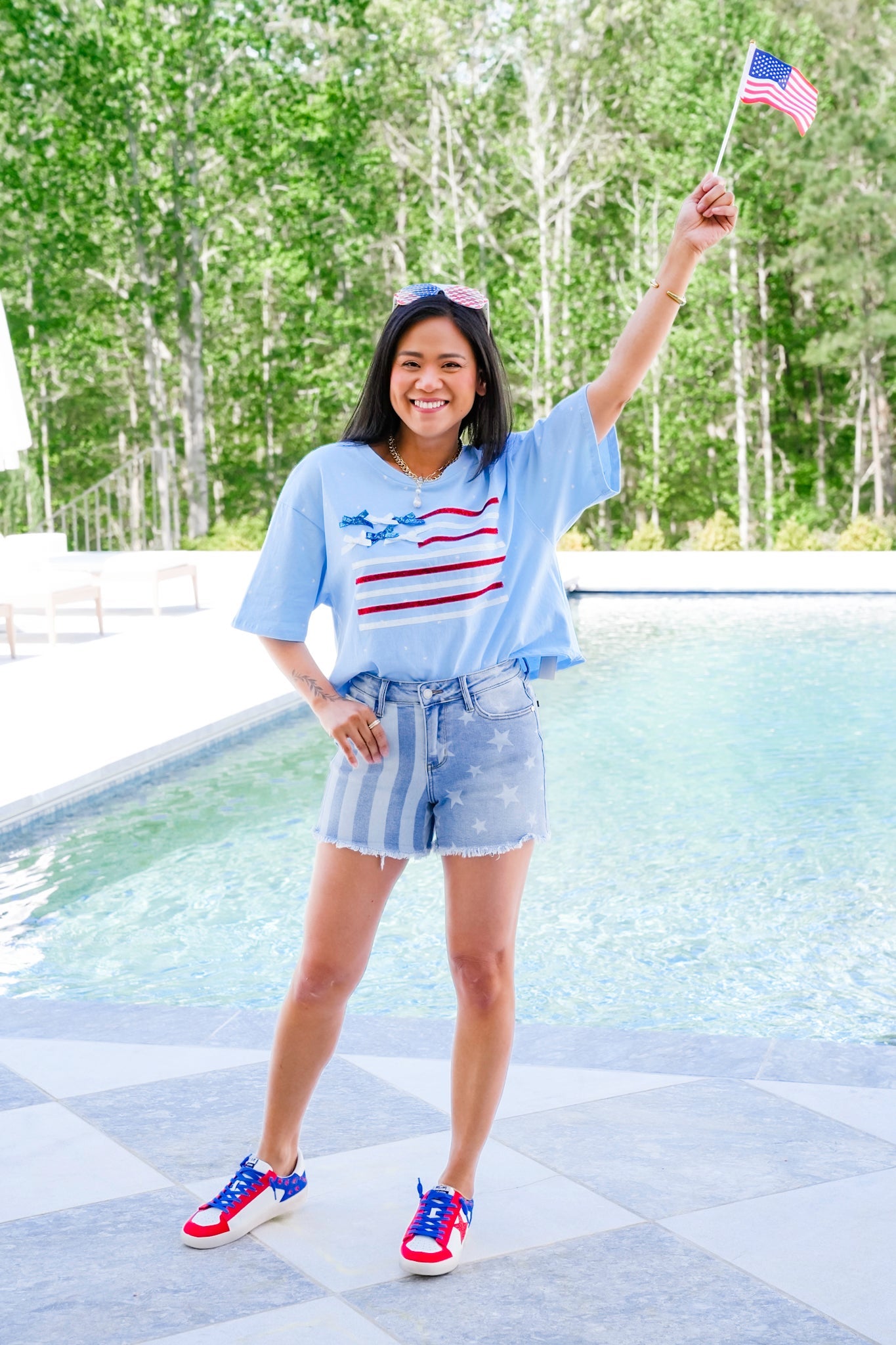 Short Sleeve Ribbon American Flag Top with Bow Detail