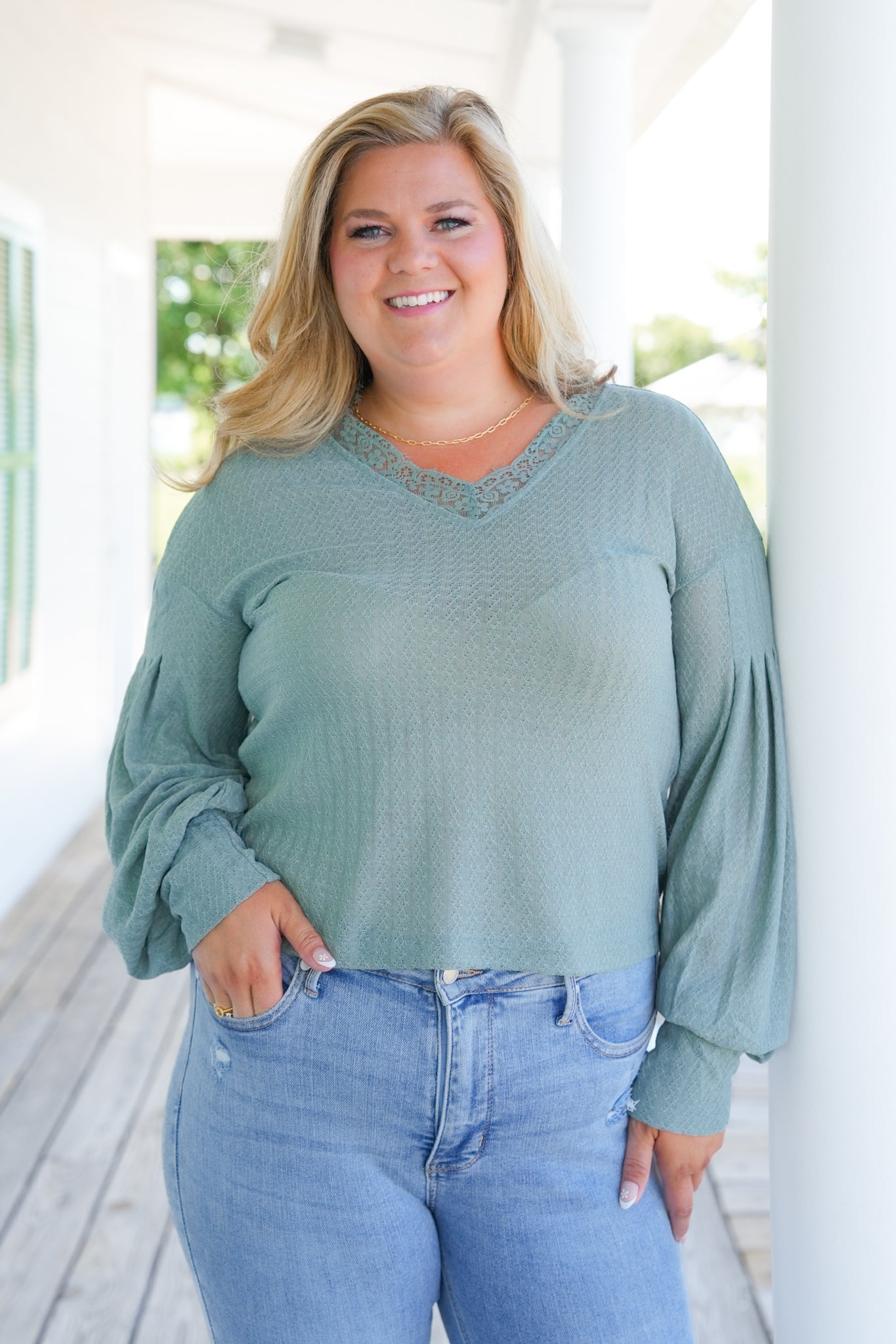 Knit Long Sleeve V Neck Top with Lace Detail (Multiple Colors)