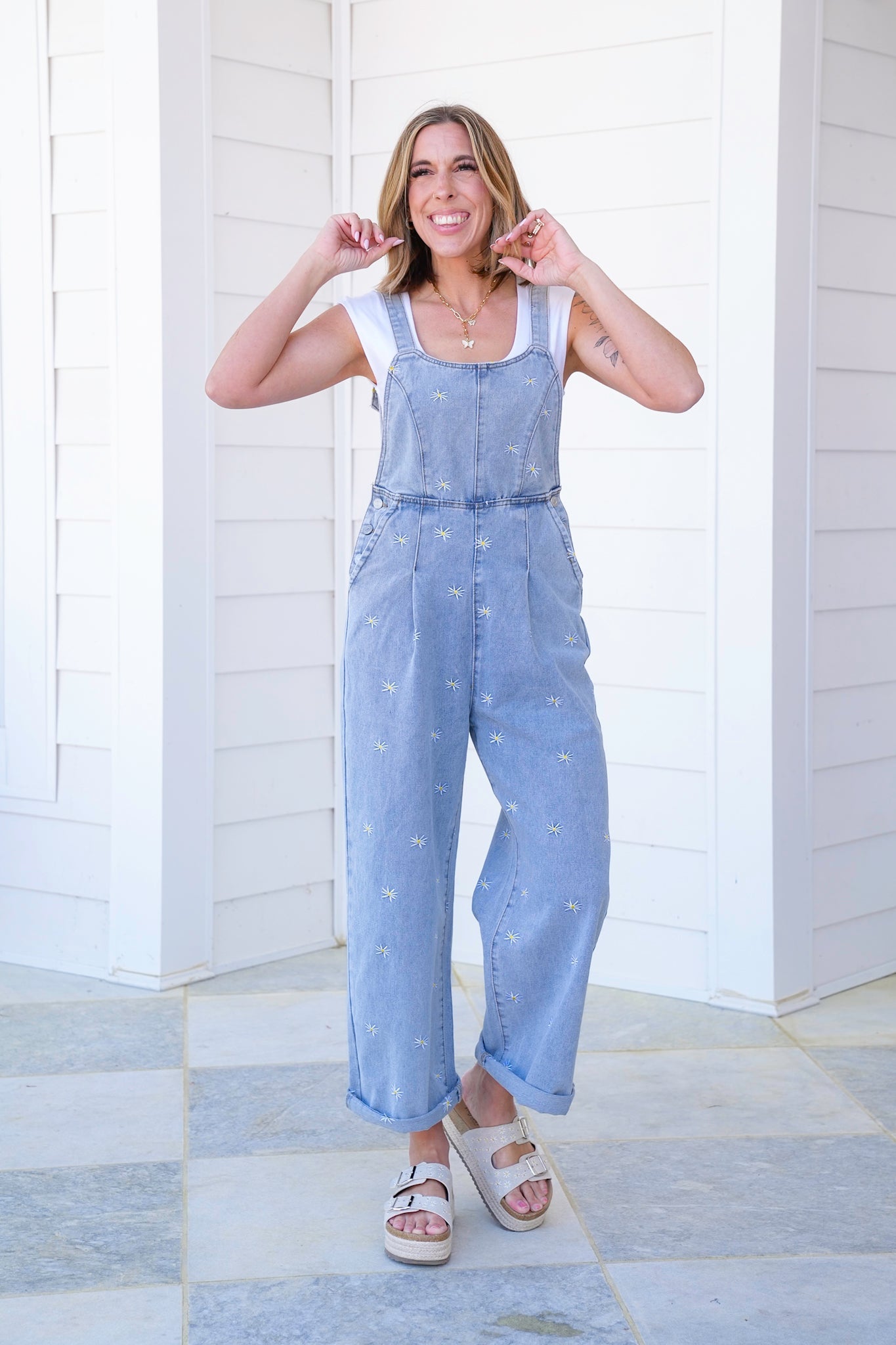 Plus/Reg Denim Overalls with Daisy Embroidered Detail