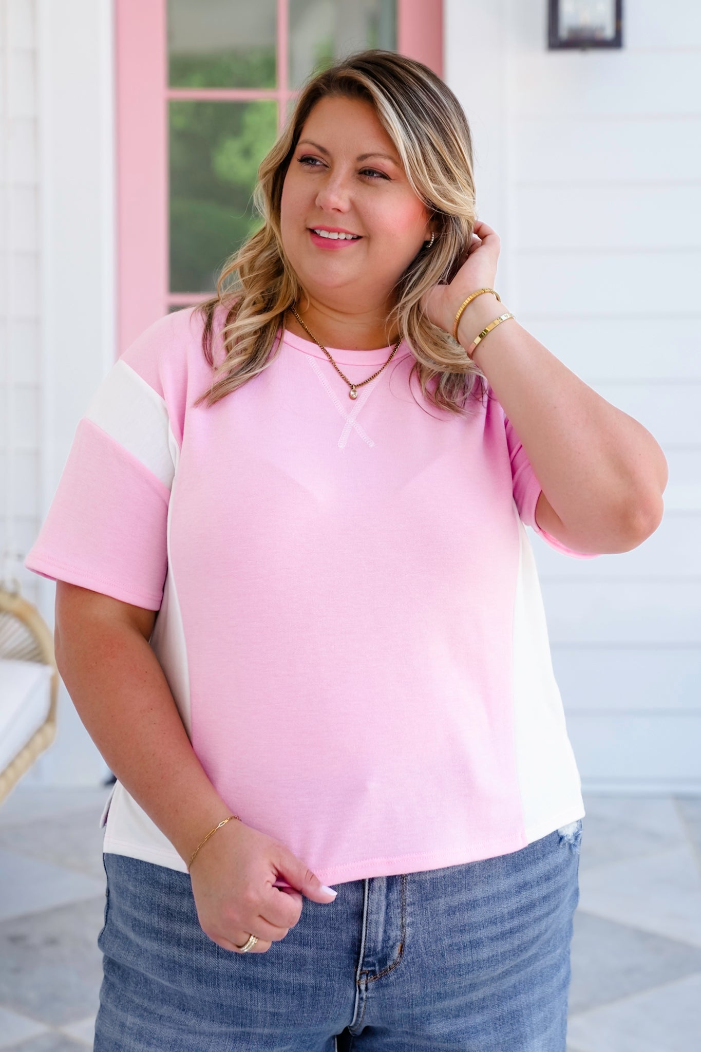 Plus/Reg Color Block Short Sleeve Round Neck Top With Side Slit