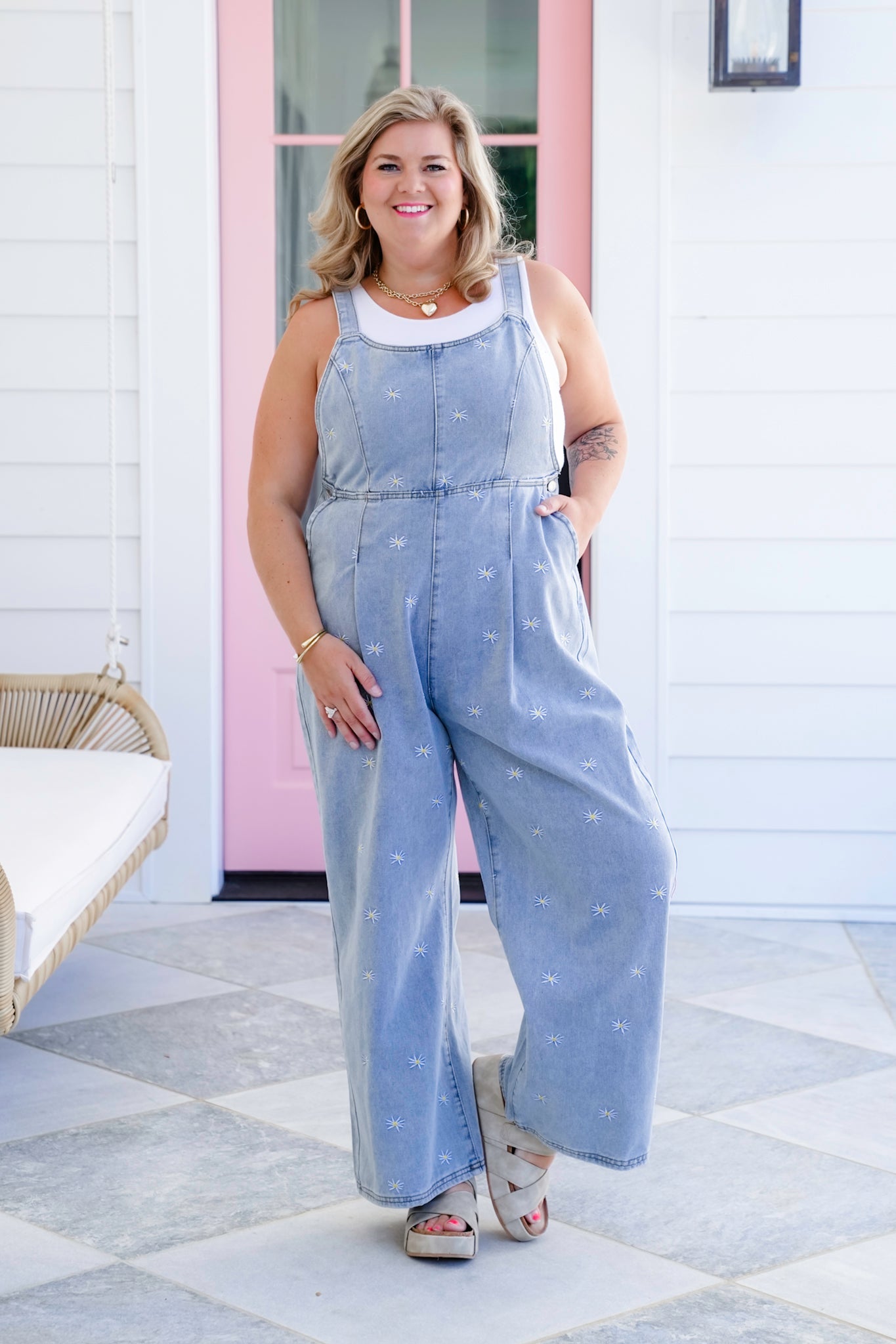 Plus/Reg Denim Overalls with Daisy Embroidered Detail