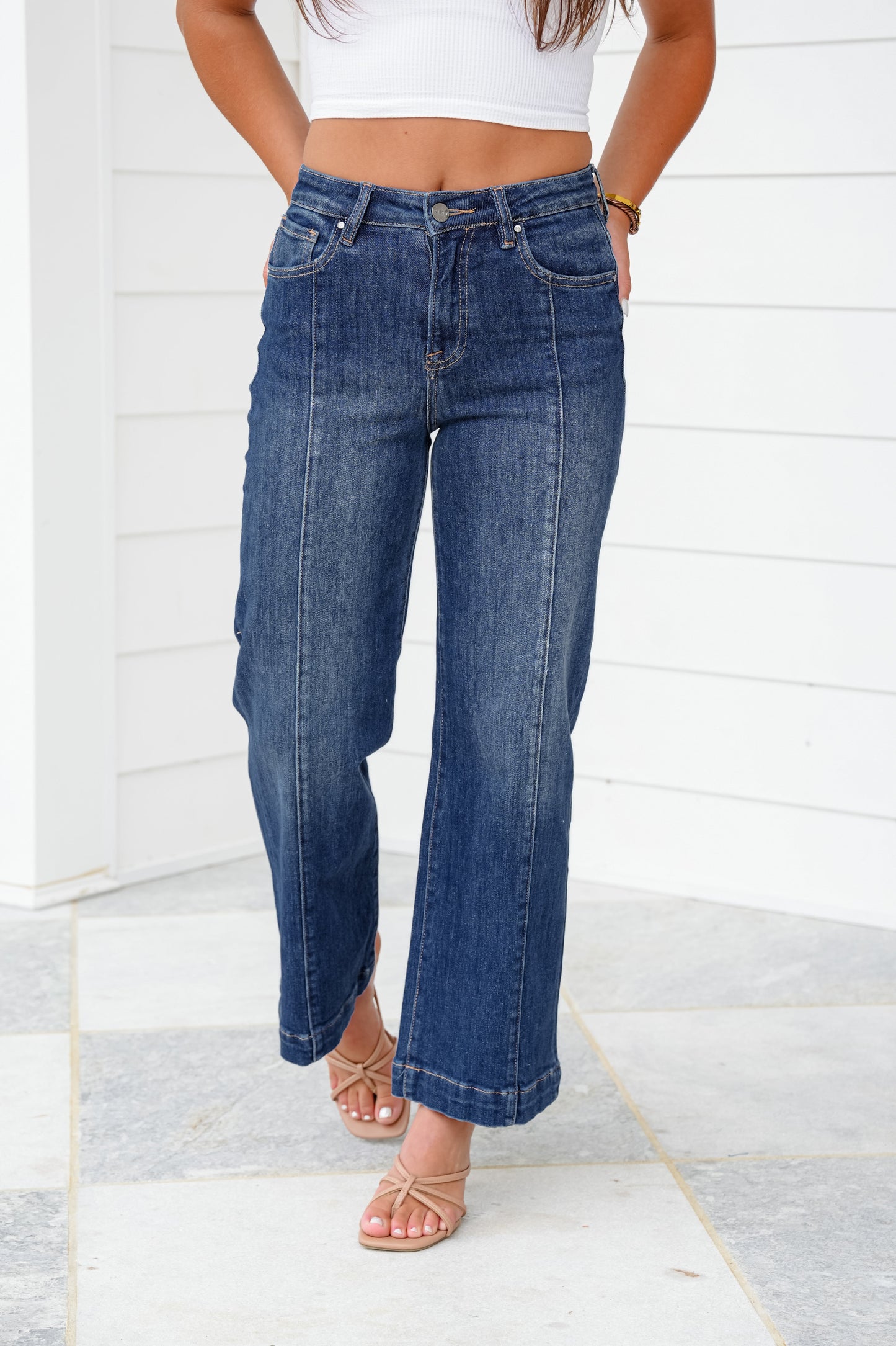 Risen High Rise Dark Wash Cropped Wide Leg Jeans