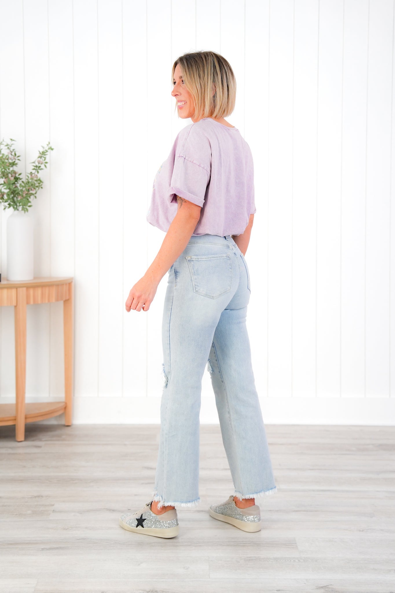 Risen High Rise Acid Wash Sequin Knee Patches Relaxed Straight Leg Jeans