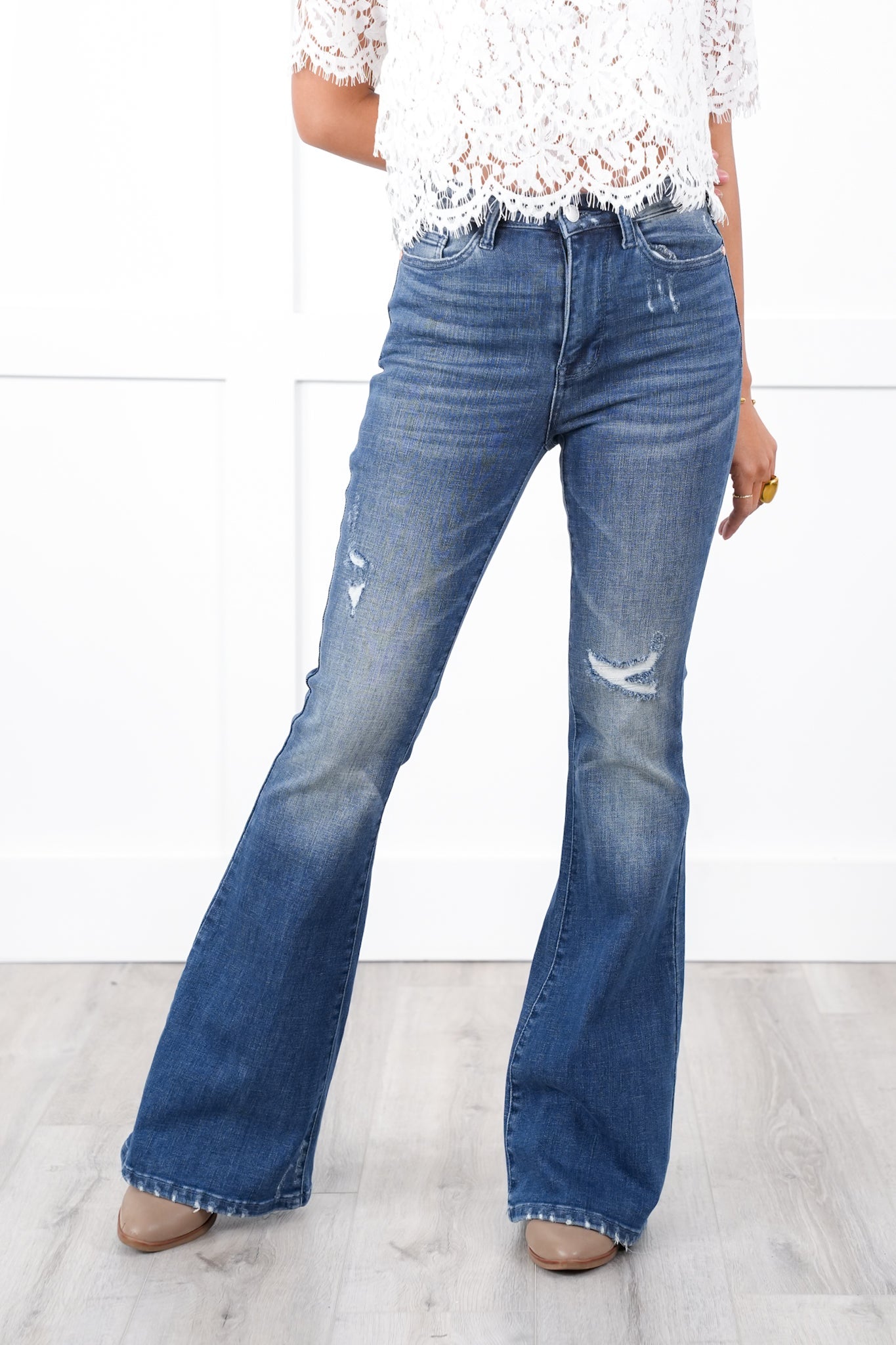 Judy Blue High Rise Dark Wash with Contrast Distressed Flare Jeans
