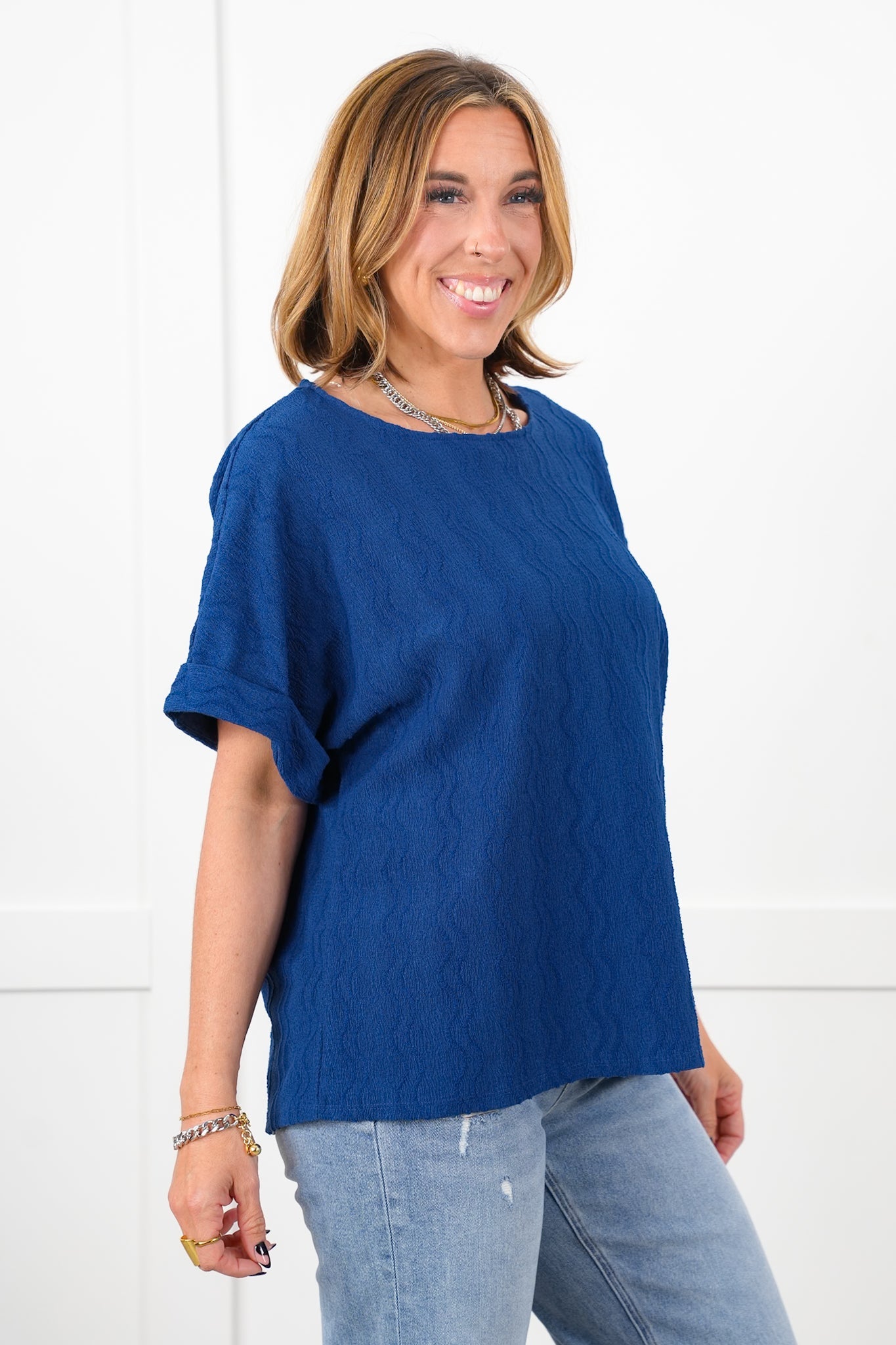 Door Buster! Plus/Reg Textured Short Dolman Sleeve Round Neck Blouse